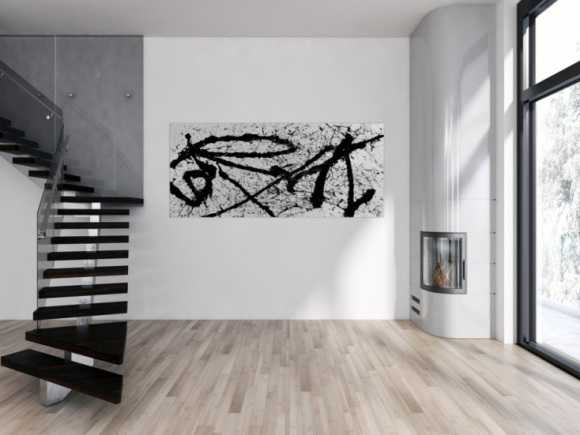 Abstraktes Gemälde schwarz weiß minimalistisch modern schlicht Action Painting