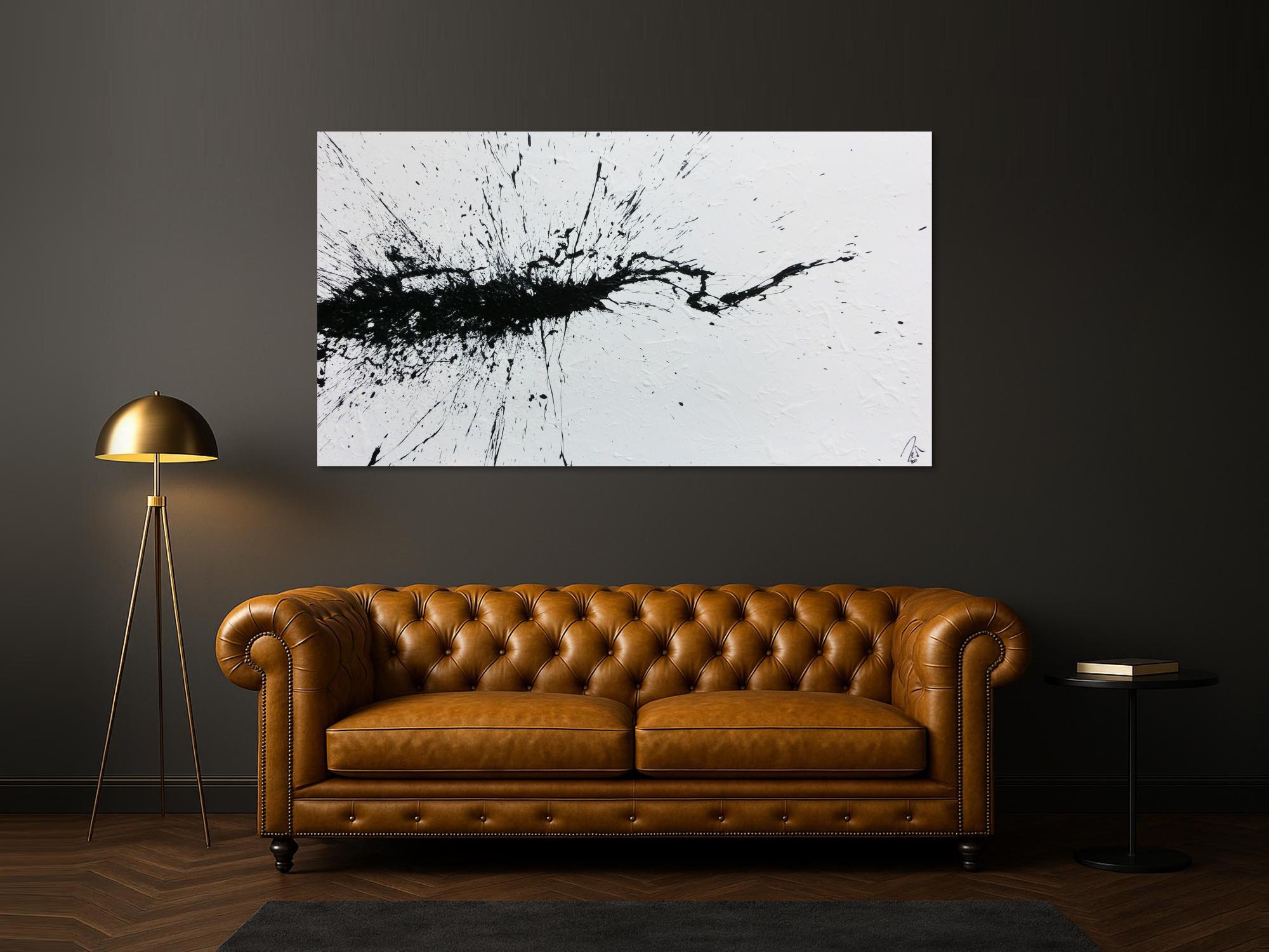 Abstraktes Acrylbild minimalistisch Action Painting Splash Art modern schwarz weiß