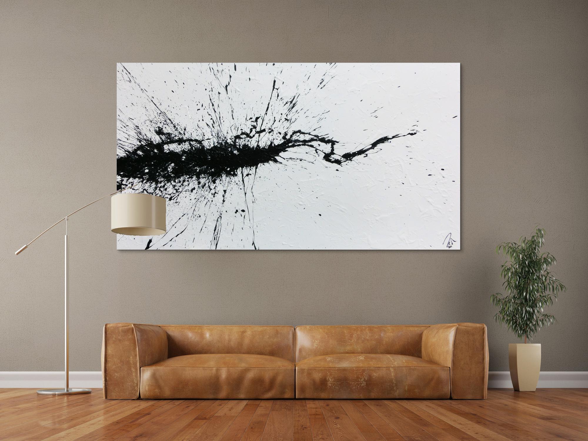 Abstraktes Acrylbild minimalistisch Action Painting Splash Art modern schwarz weiß
