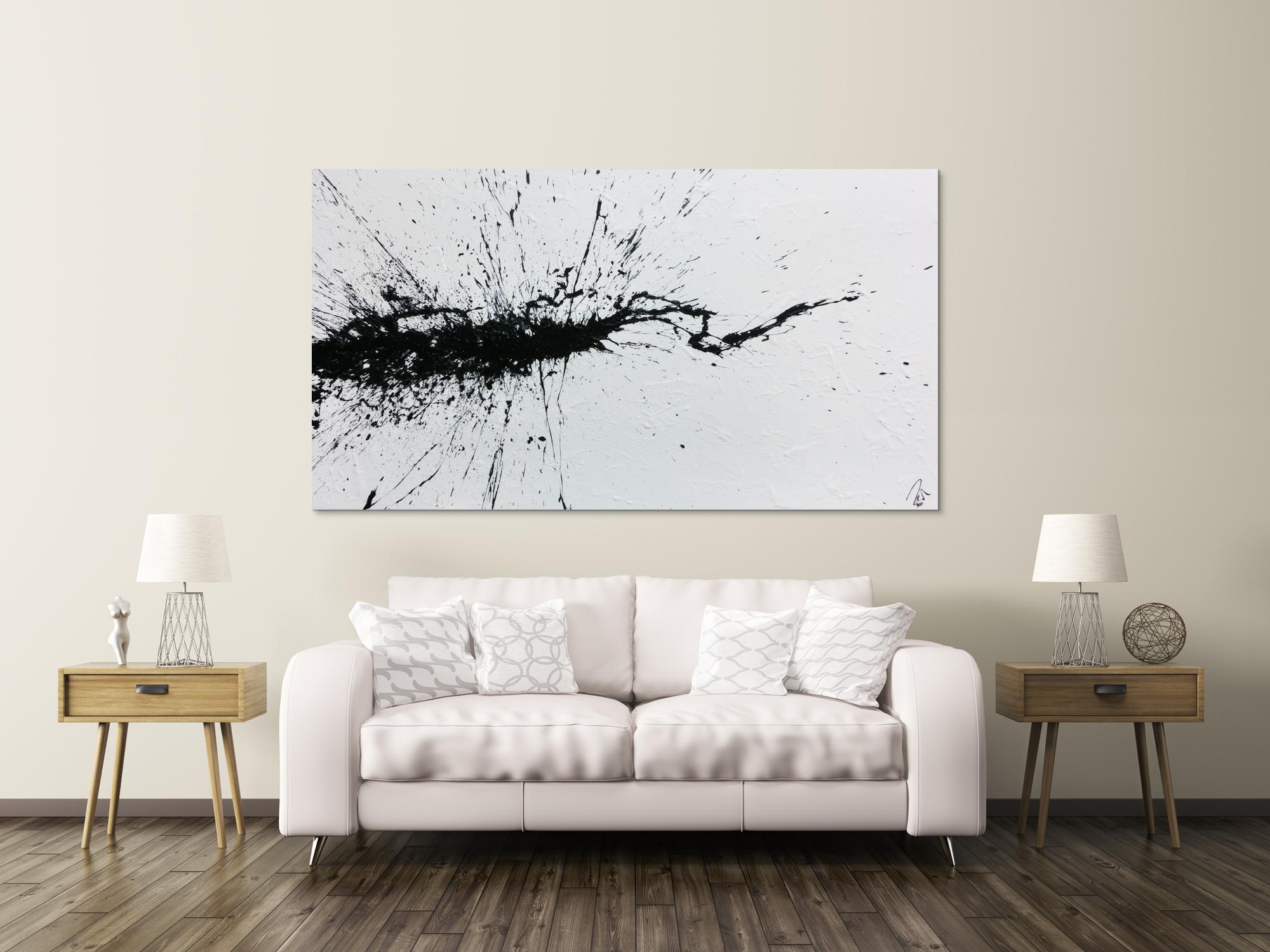 Abstraktes Acrylbild minimalistisch Action Painting Splash Art modern schwarz weiß