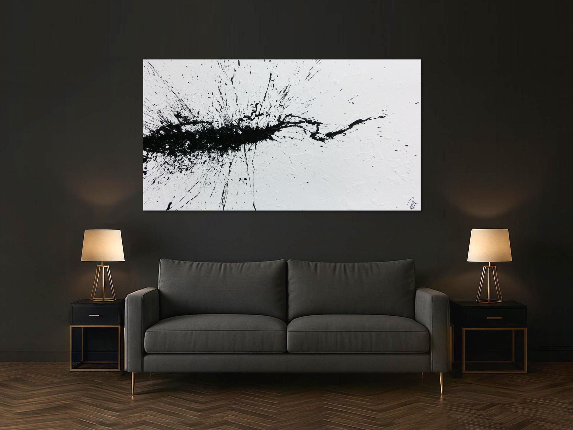 Abstraktes Acrylbild minimalistisch Action Painting Splash Art modern schwarz weiß