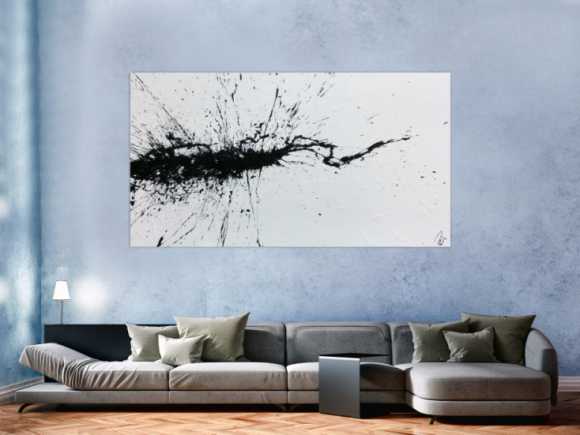 Abstraktes Acrylbild minimalistisch Action Painting Splash Art modern schwarz weiß