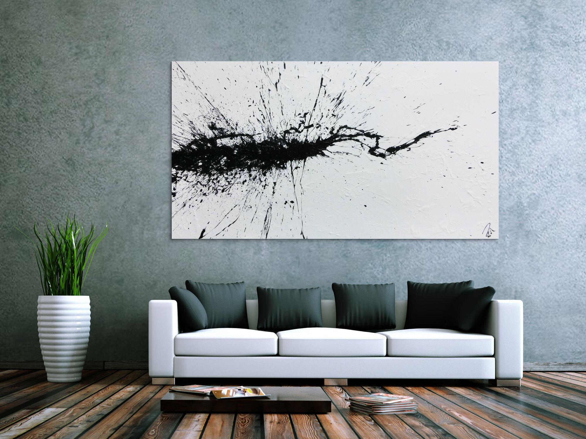 Abstraktes Acrylbild minimalistisch Action Painting Splash Art modern schwarz weiß