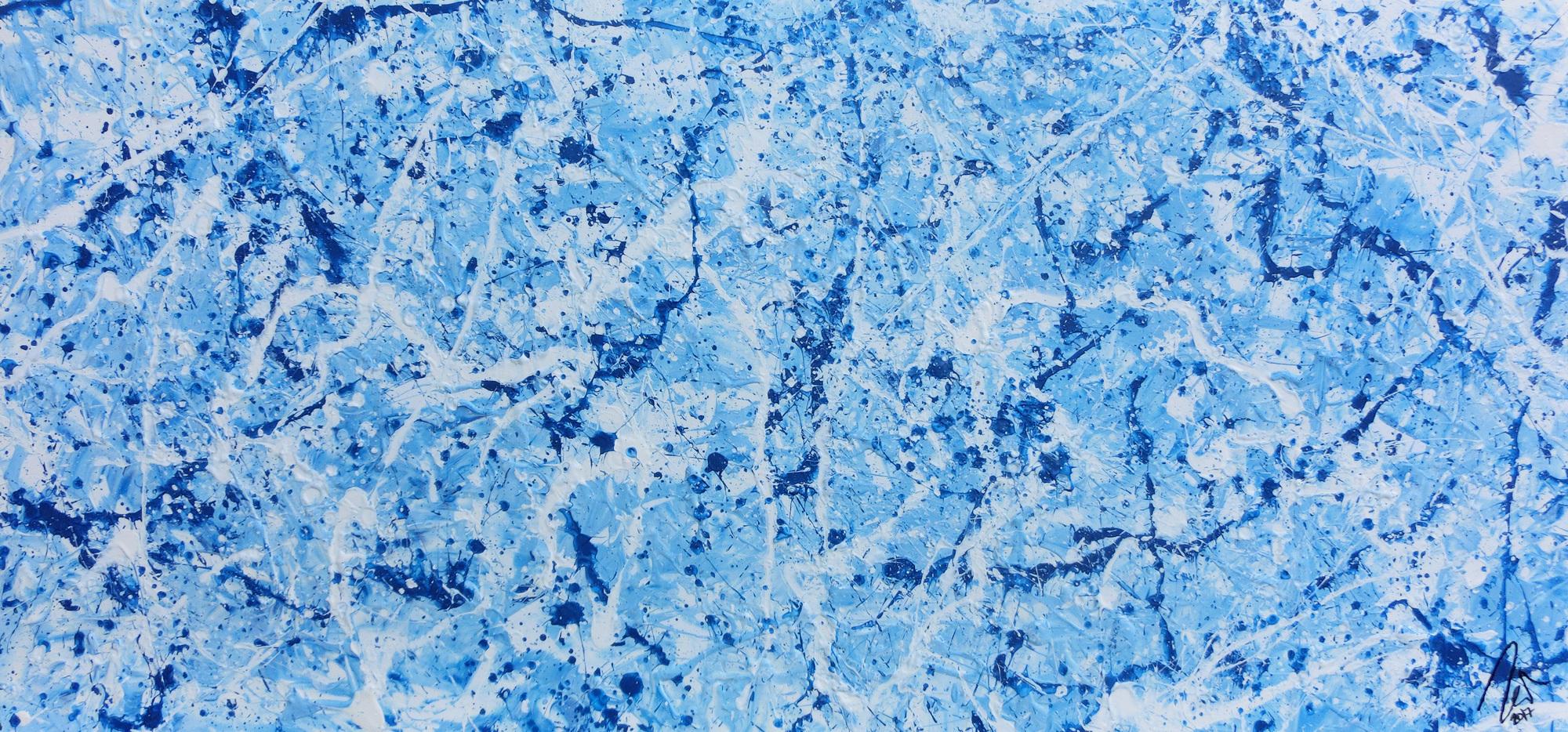 Abstraktes Acrylbild Action Painting modern schlicht hellblau weiß