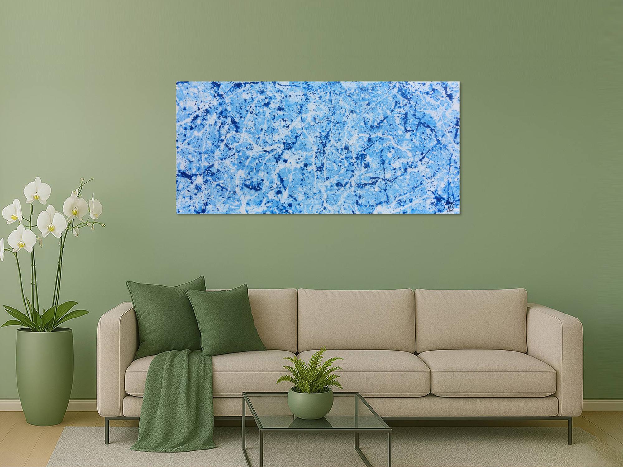 Abstraktes Acrylbild Action Painting modern schlicht hellblau weiß