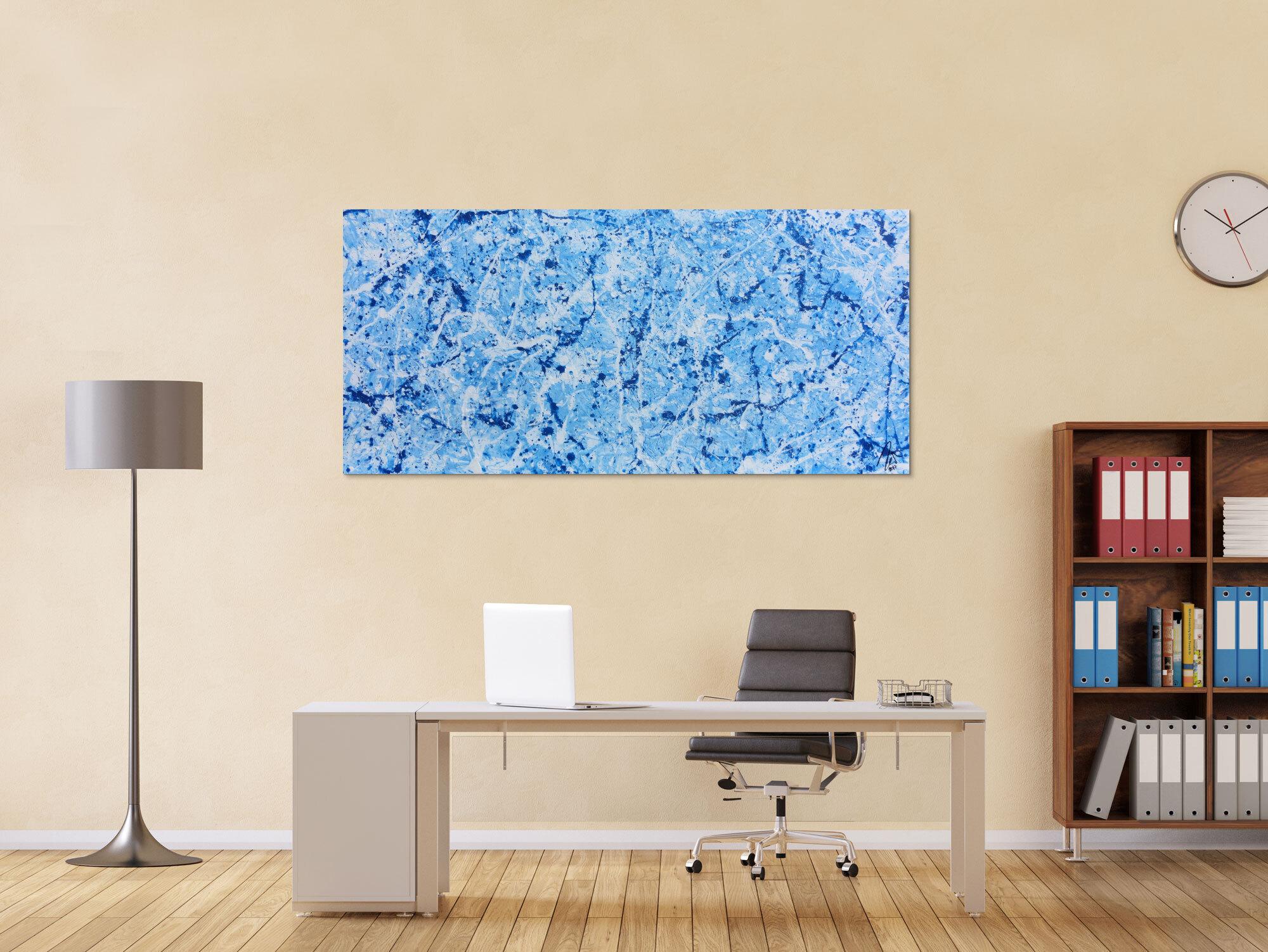 Abstraktes Acrylbild Action Painting modern schlicht hellblau weiß