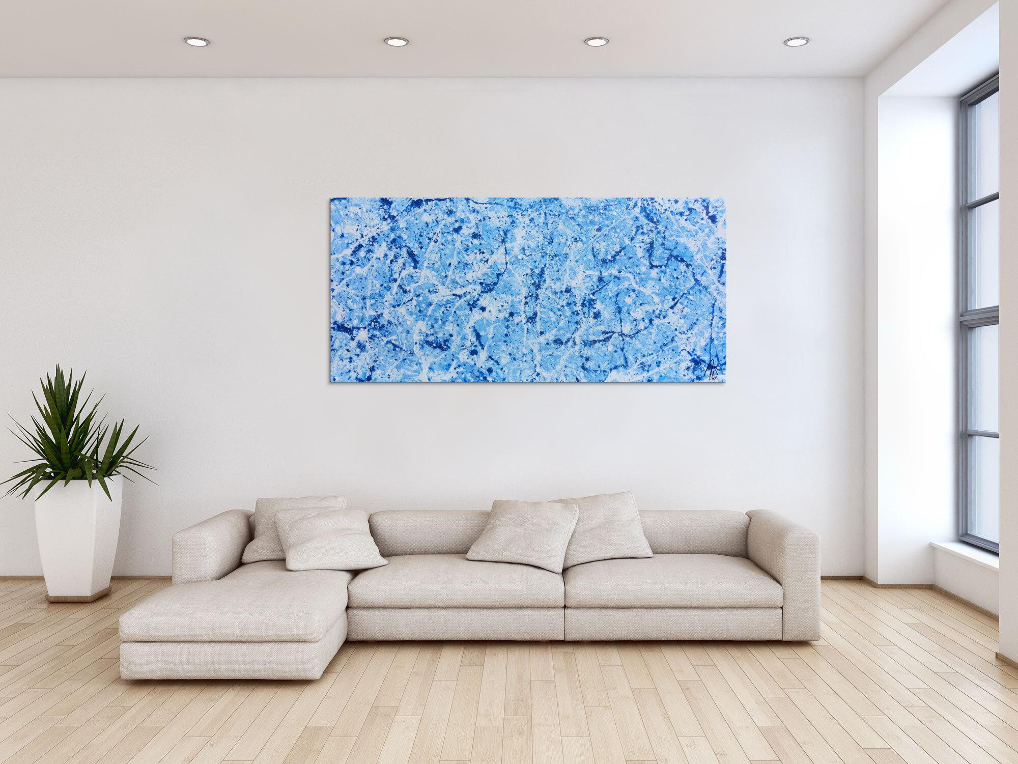 Abstraktes Acrylbild Action Painting modern schlicht hellblau weiß