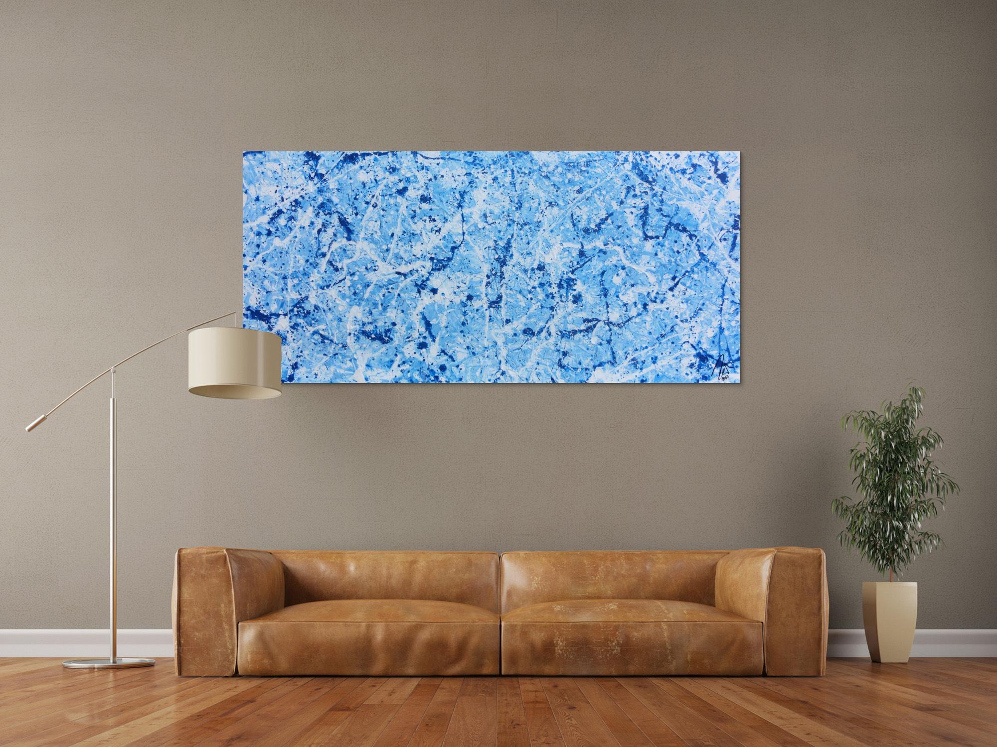 Abstraktes Acrylbild Action Painting modern schlicht hellblau weiß