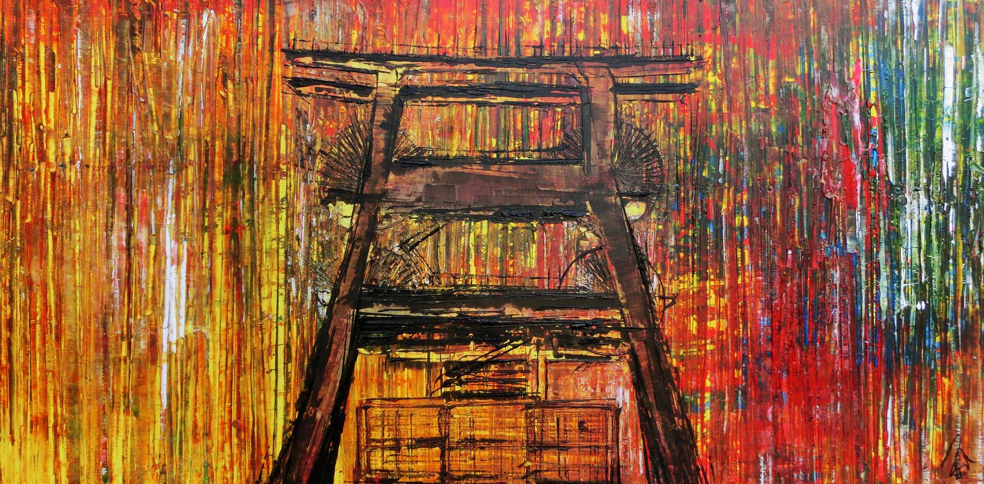 Abstraktes Acrylbild Sehr bunt Spachteltechnik modern mit Förderturm Ruhrgebiet