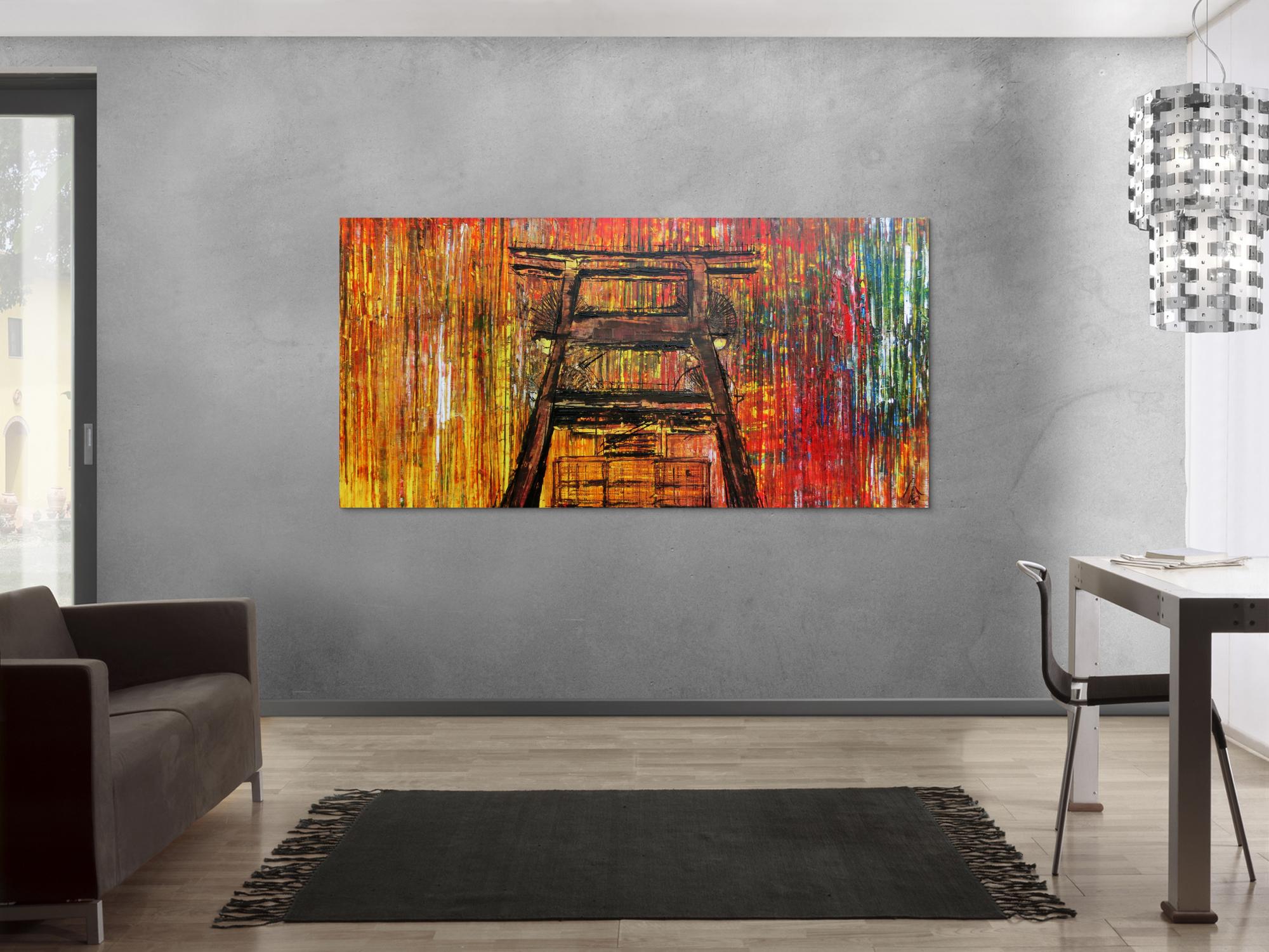 Abstraktes Acrylbild Sehr bunt Spachteltechnik modern mit Förderturm Ruhrgebiet