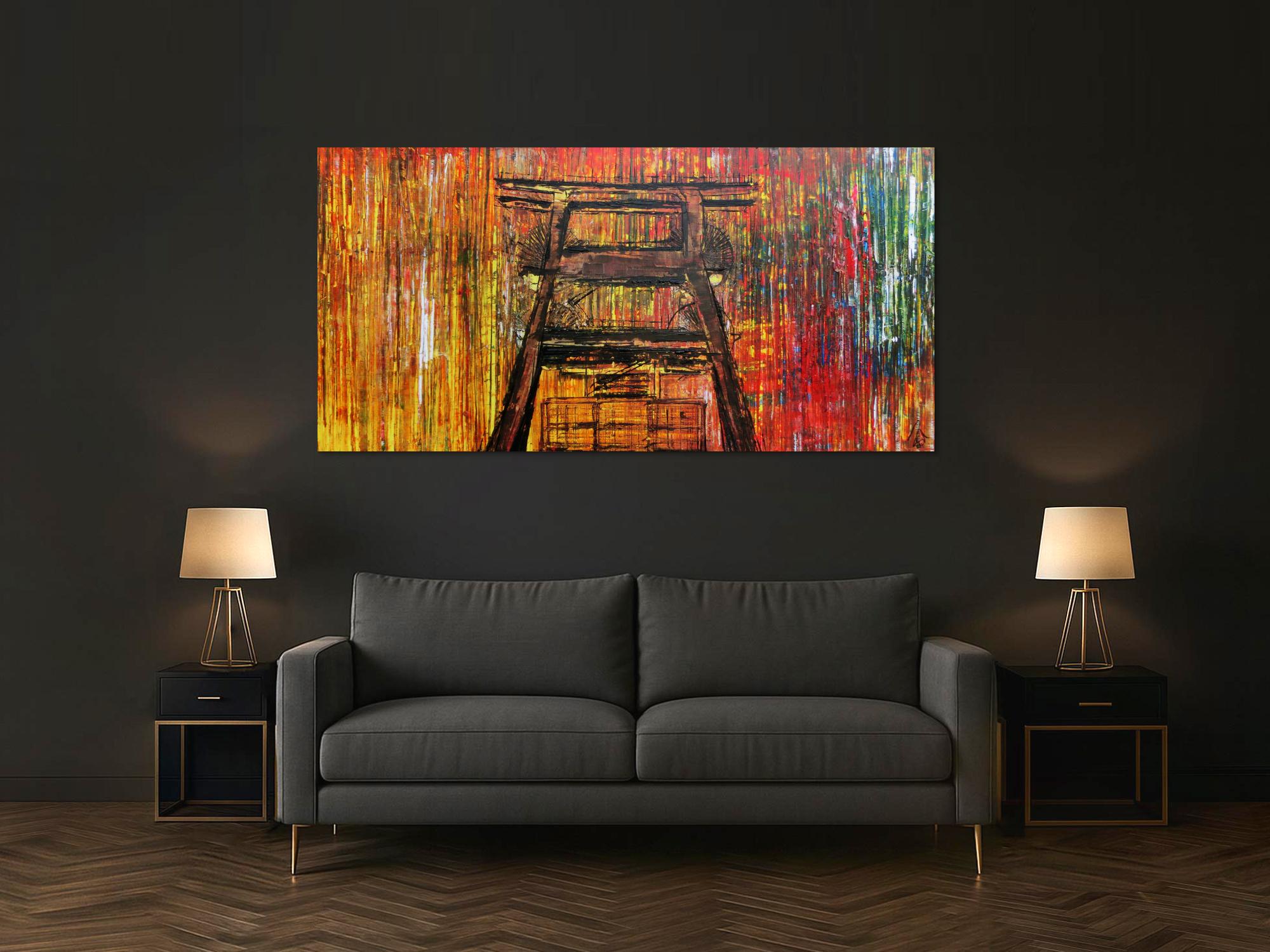 Abstraktes Acrylbild Sehr bunt Spachteltechnik modern mit Förderturm Ruhrgebiet