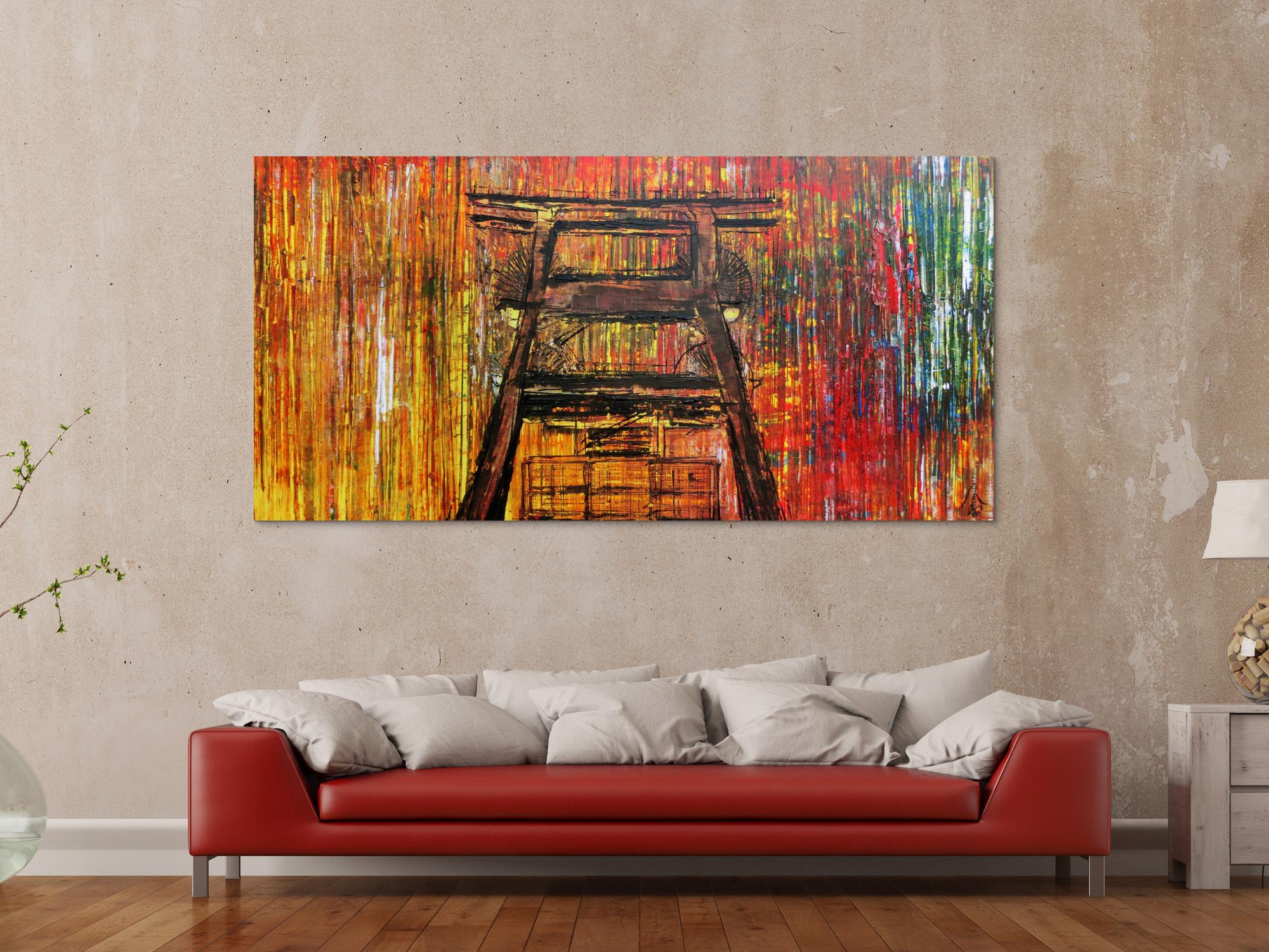 Abstraktes Acrylbild Sehr bunt Spachteltechnik modern mit Förderturm Ruhrgebiet