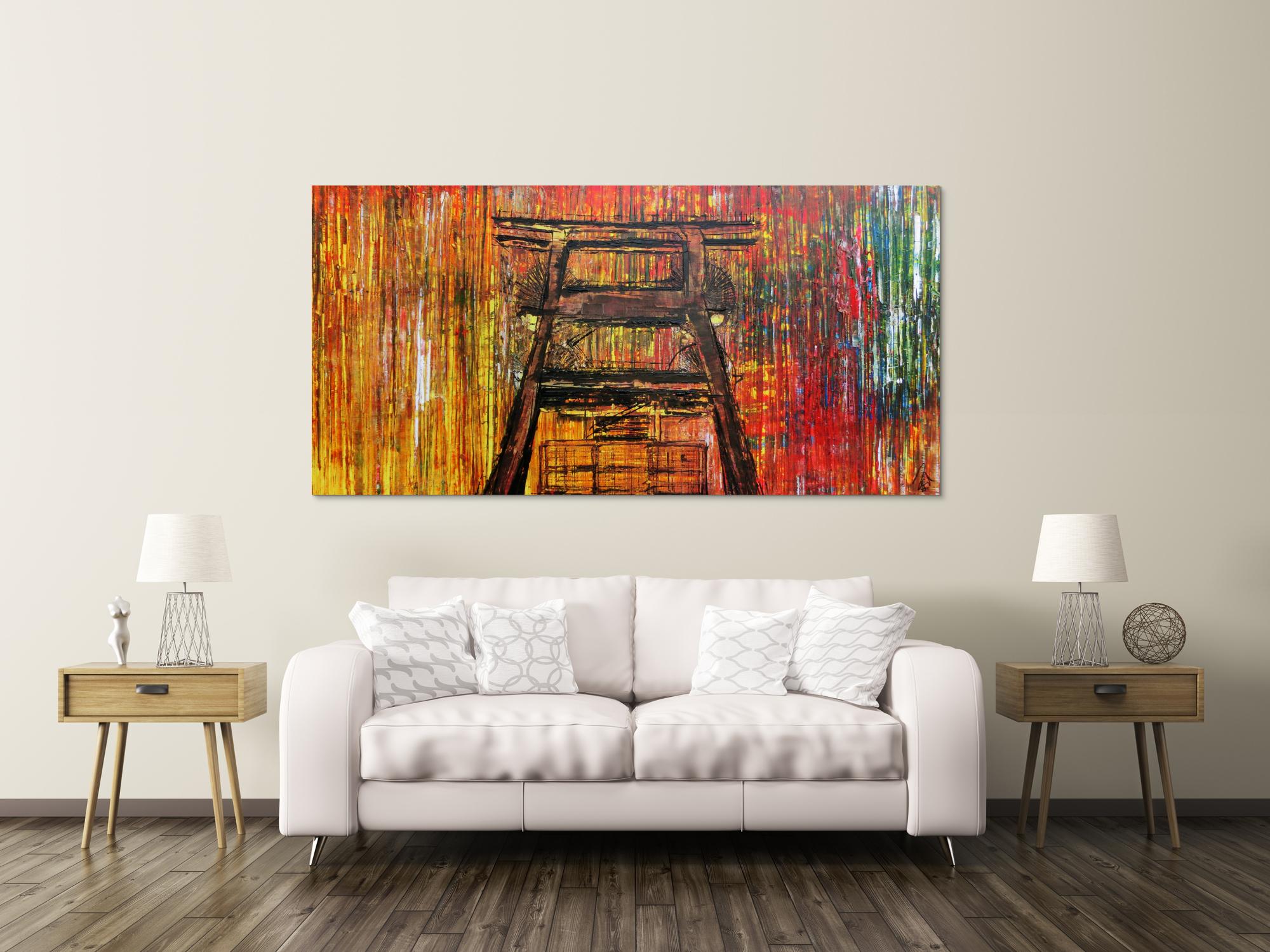 Abstraktes Acrylbild Sehr bunt Spachteltechnik modern mit Förderturm Ruhrgebiet