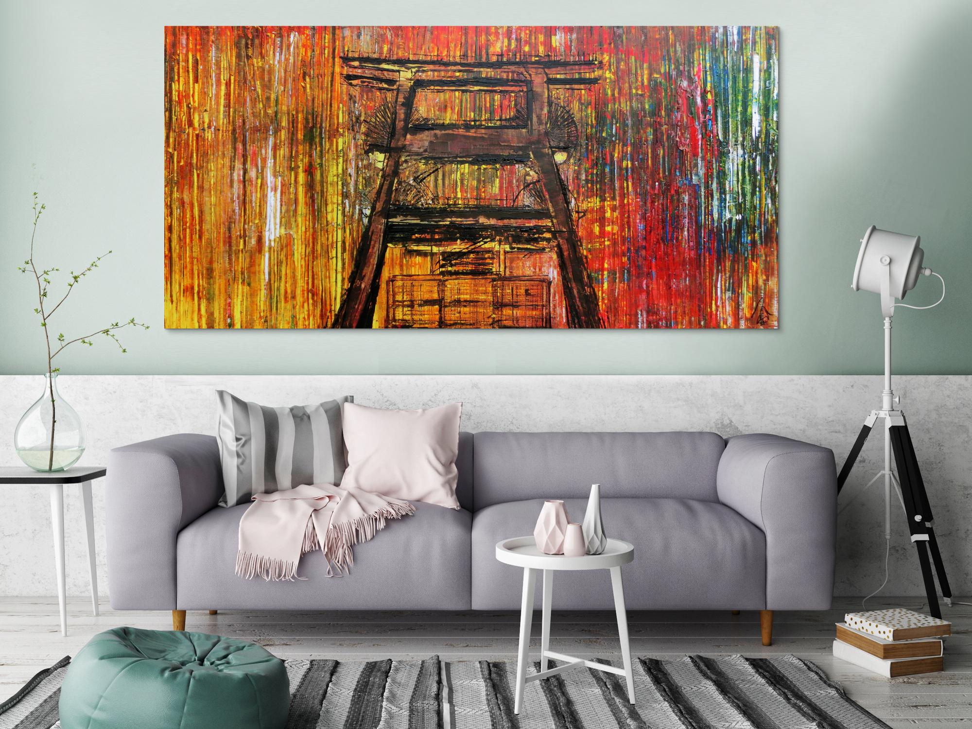 Abstraktes Acrylbild Sehr bunt Spachteltechnik modern mit Förderturm Ruhrgebiet