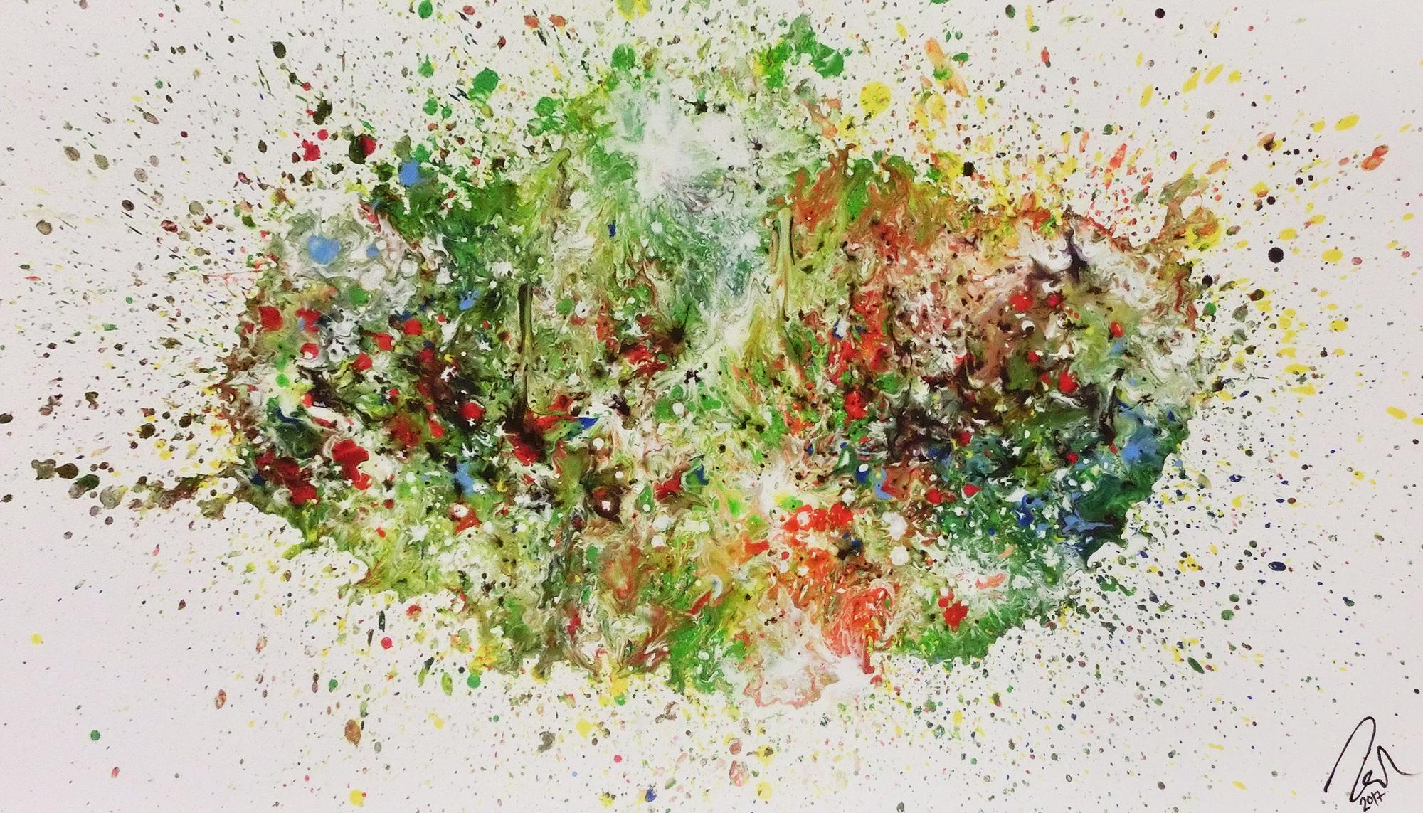 Abstraktes Acrylbild Fluid painting sehr viele Farben und sehr bunt modern Fliesstechnik