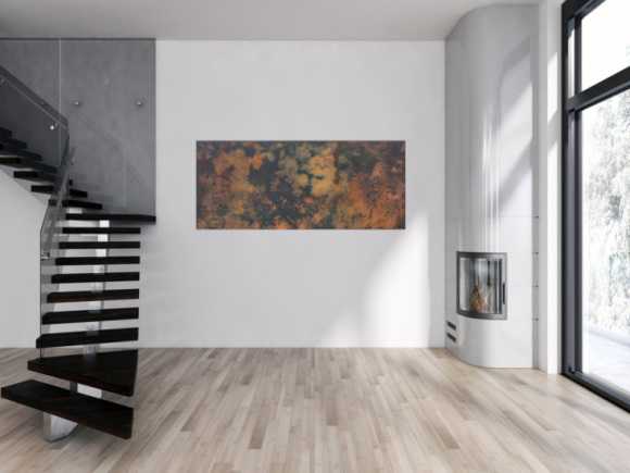 Abstraktes Bild aus echtem Rost und Acryl sehr mordernes Gemälde Rost auf schwarzem Hintergrund