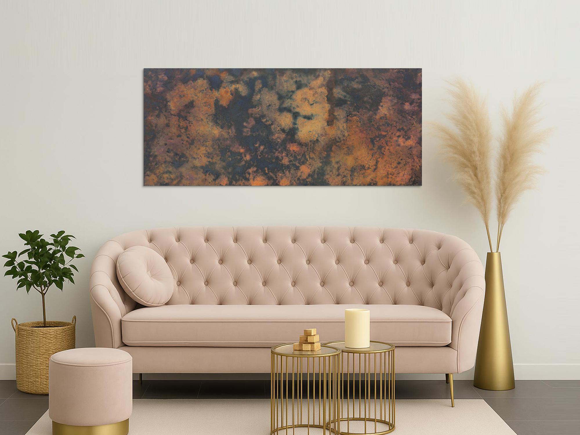 Abstraktes Bild aus echtem Rost und Acryl sehr mordernes Gemälde Rost auf schwarzem Hintergrund