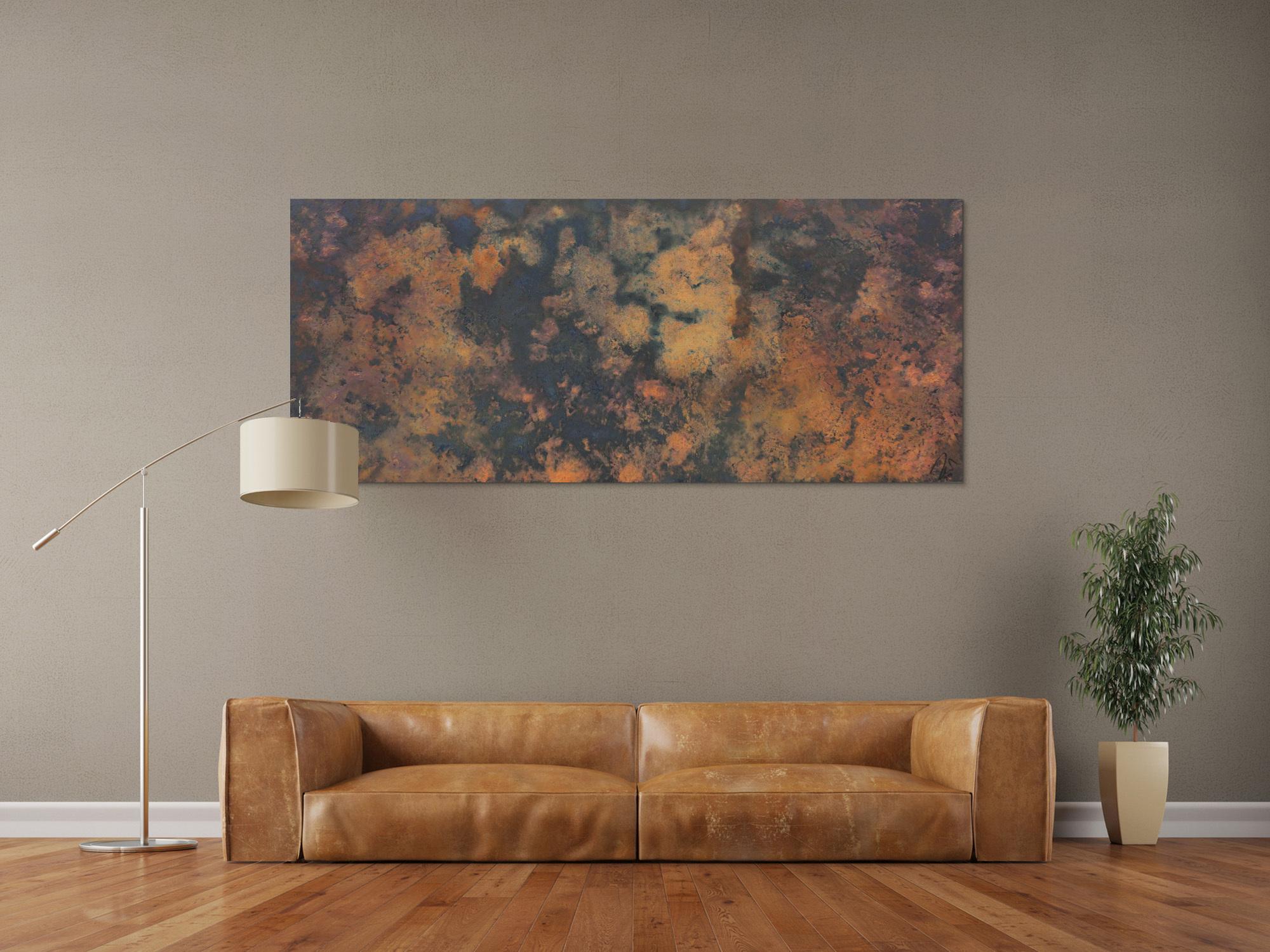 Abstraktes Bild aus echtem Rost und Acryl sehr mordernes Gemälde Rost auf schwarzem Hintergrund