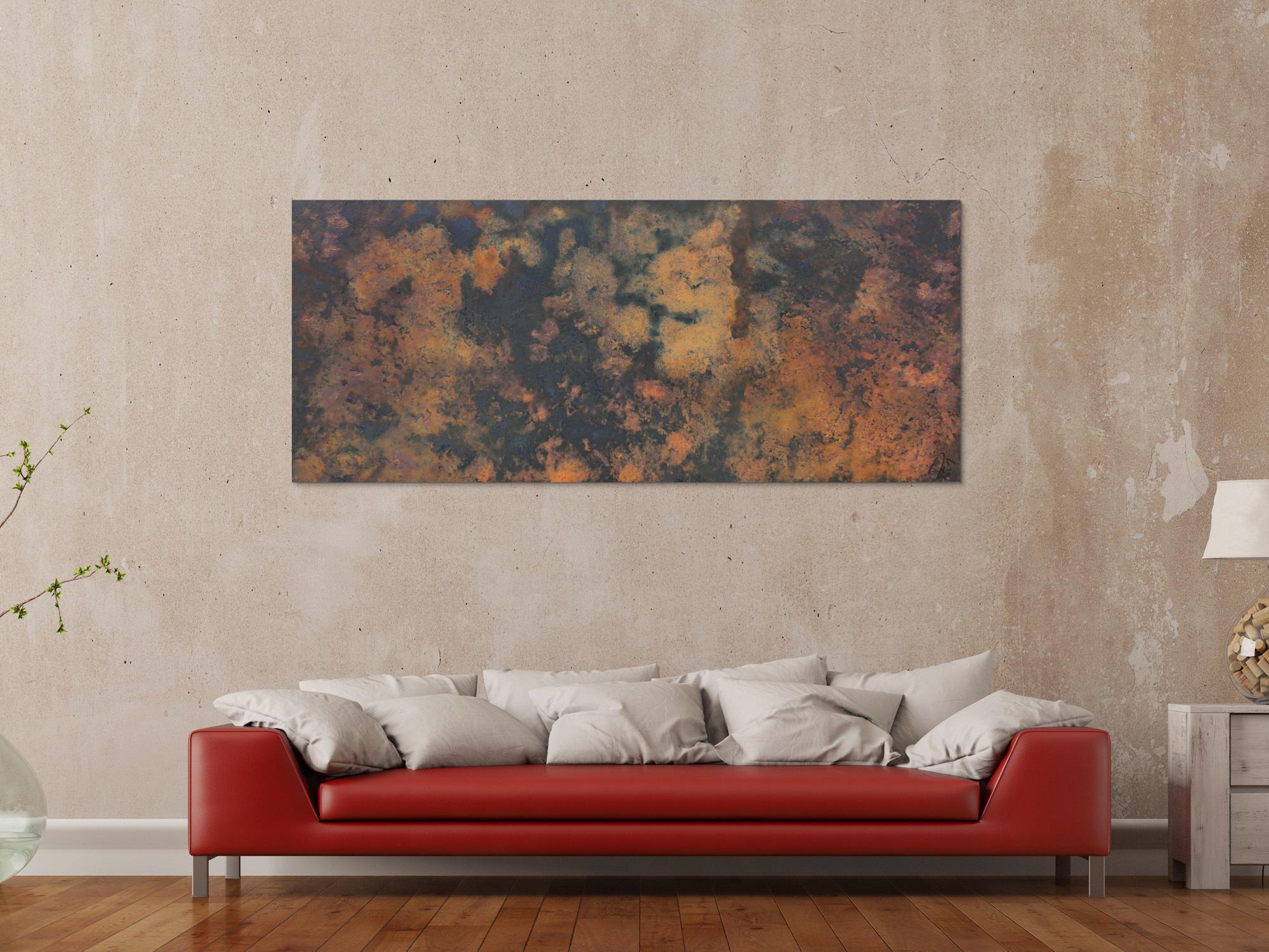 Abstraktes Bild aus echtem Rost und Acryl sehr mordernes Gemälde Rost auf schwarzem Hintergrund