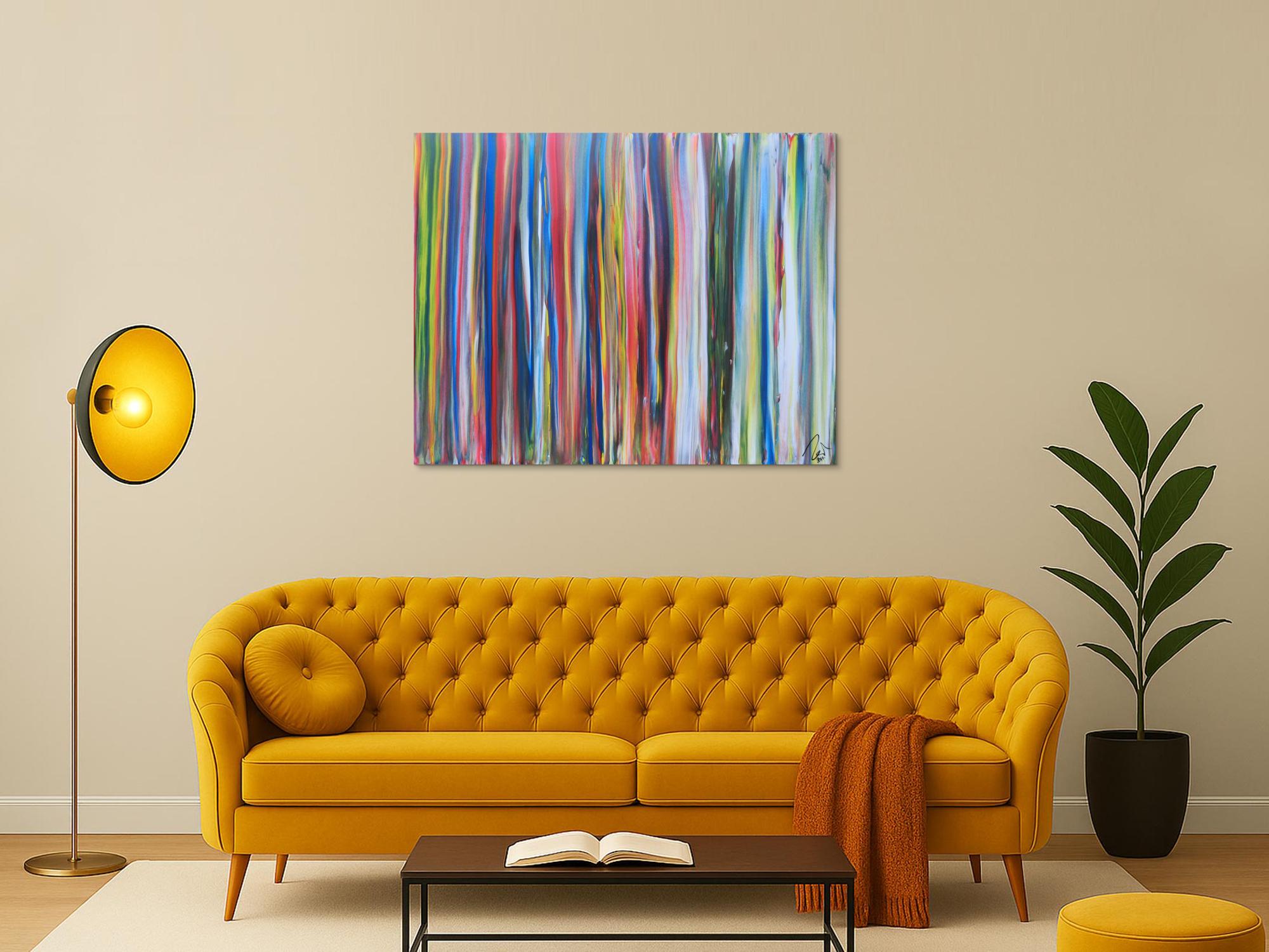 Abstraktes Acrylbild sehr bunt viele Streifen sehr modere Farben zeitgenössisch groß