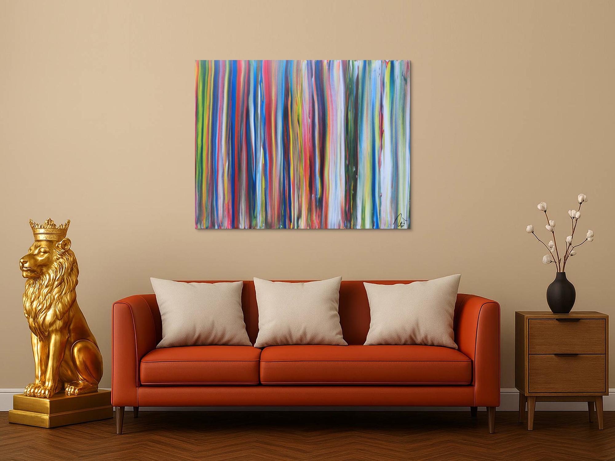 Abstraktes Acrylbild sehr bunt viele Streifen sehr modere Farben zeitgenössisch groß