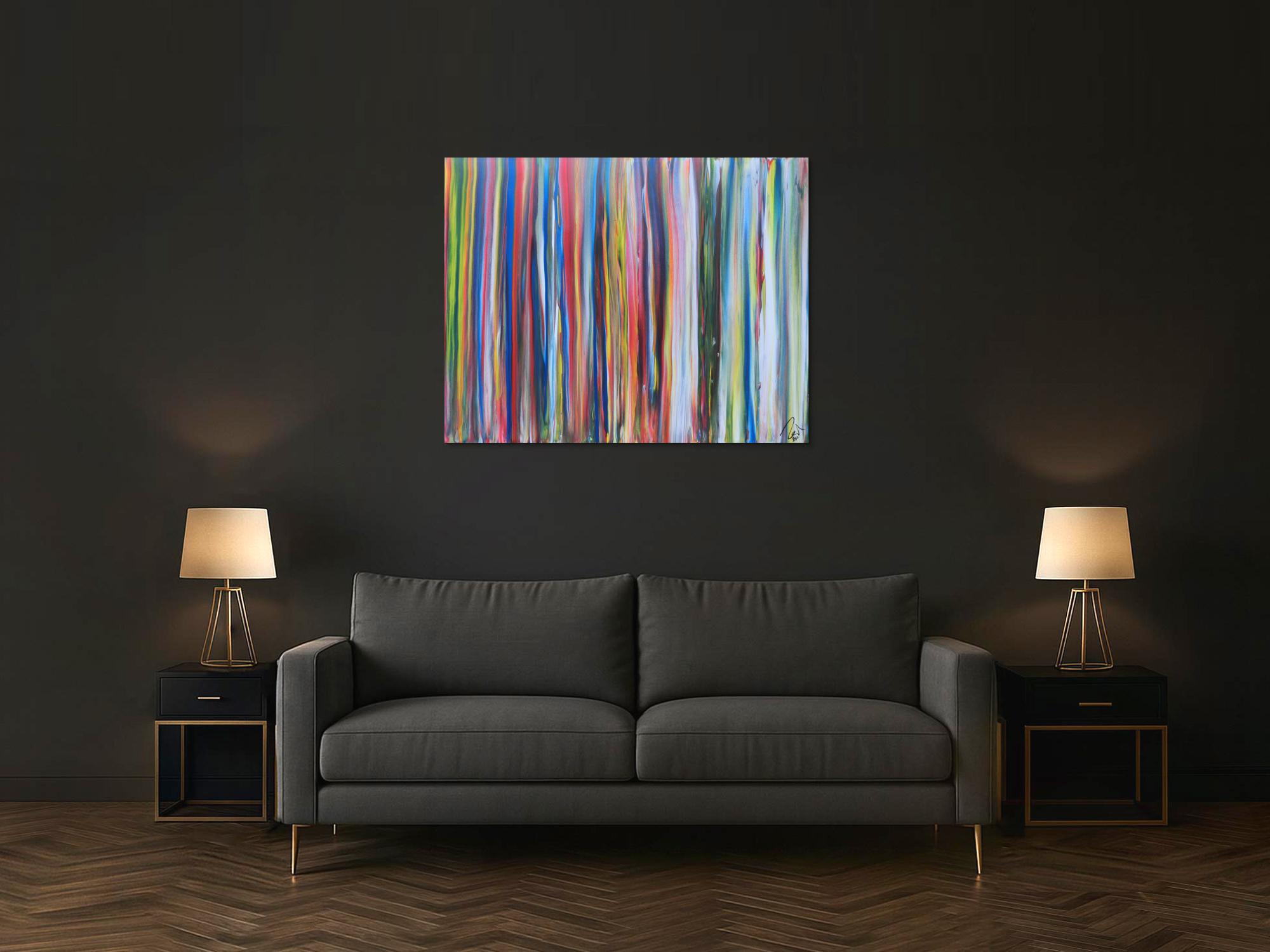 Abstraktes Acrylbild sehr bunt viele Streifen sehr modere Farben zeitgenössisch groß