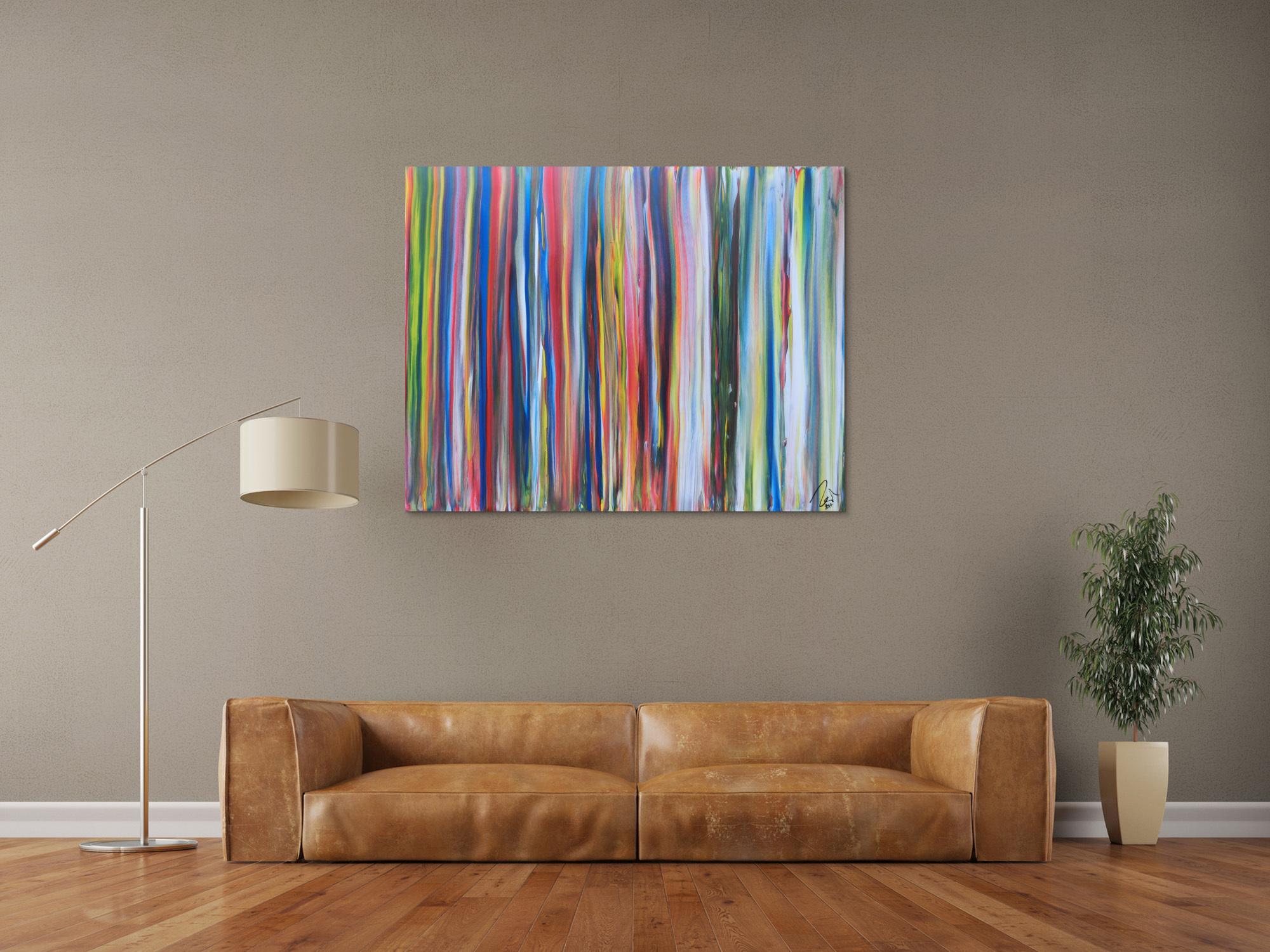 Abstraktes Acrylbild sehr bunt viele Streifen sehr modere Farben zeitgenössisch groß