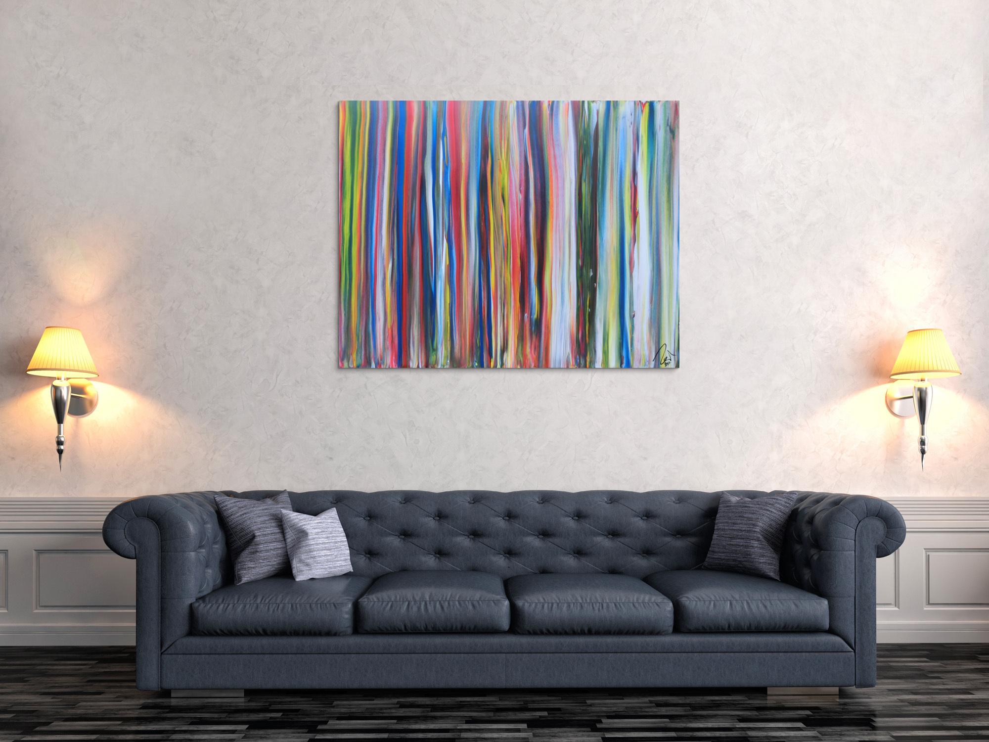 Abstraktes Acrylbild sehr bunt viele Streifen sehr modere Farben zeitgenössisch groß