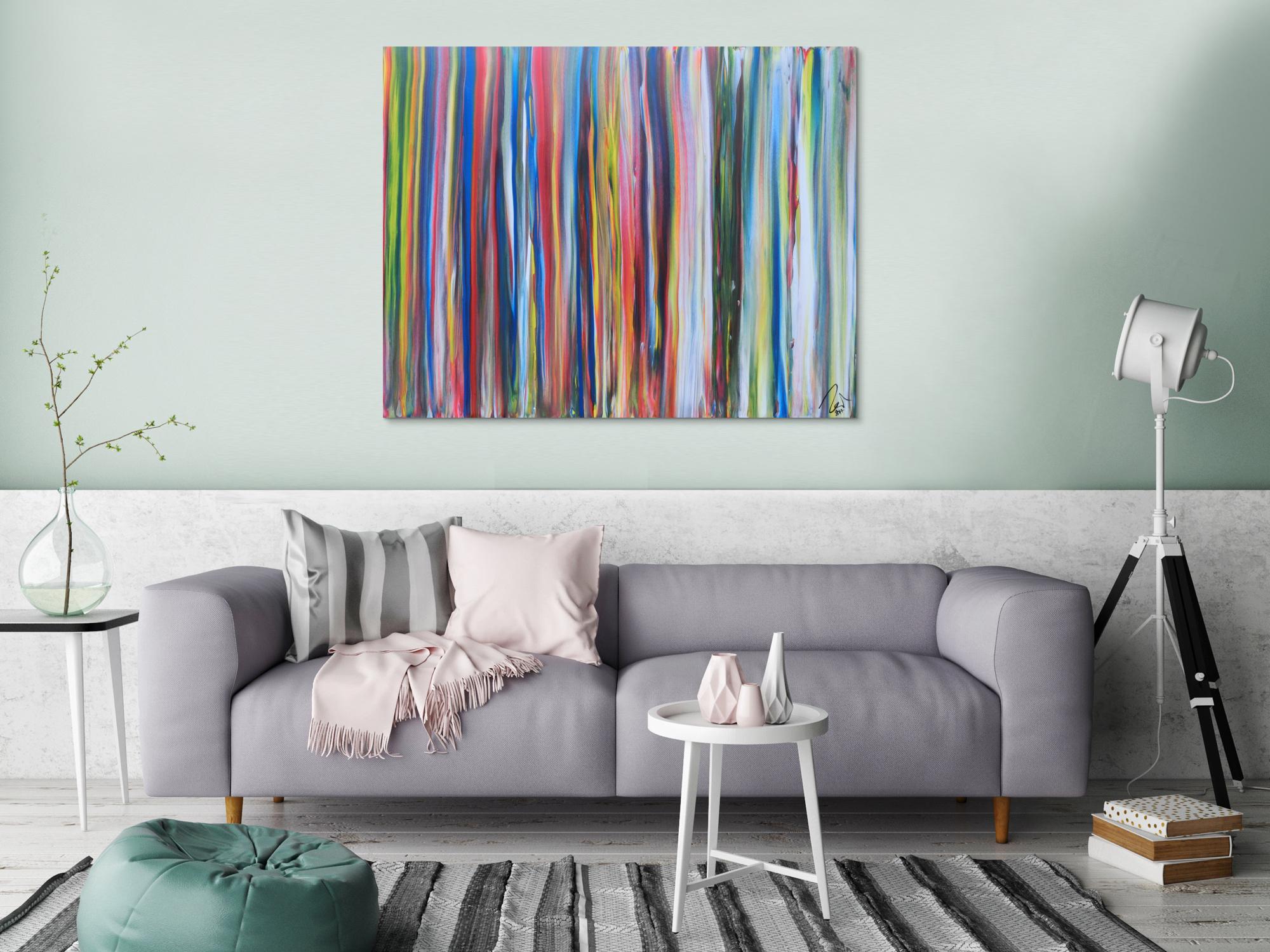 Abstraktes Acrylbild sehr bunt viele Streifen sehr modere Farben zeitgenössisch groß