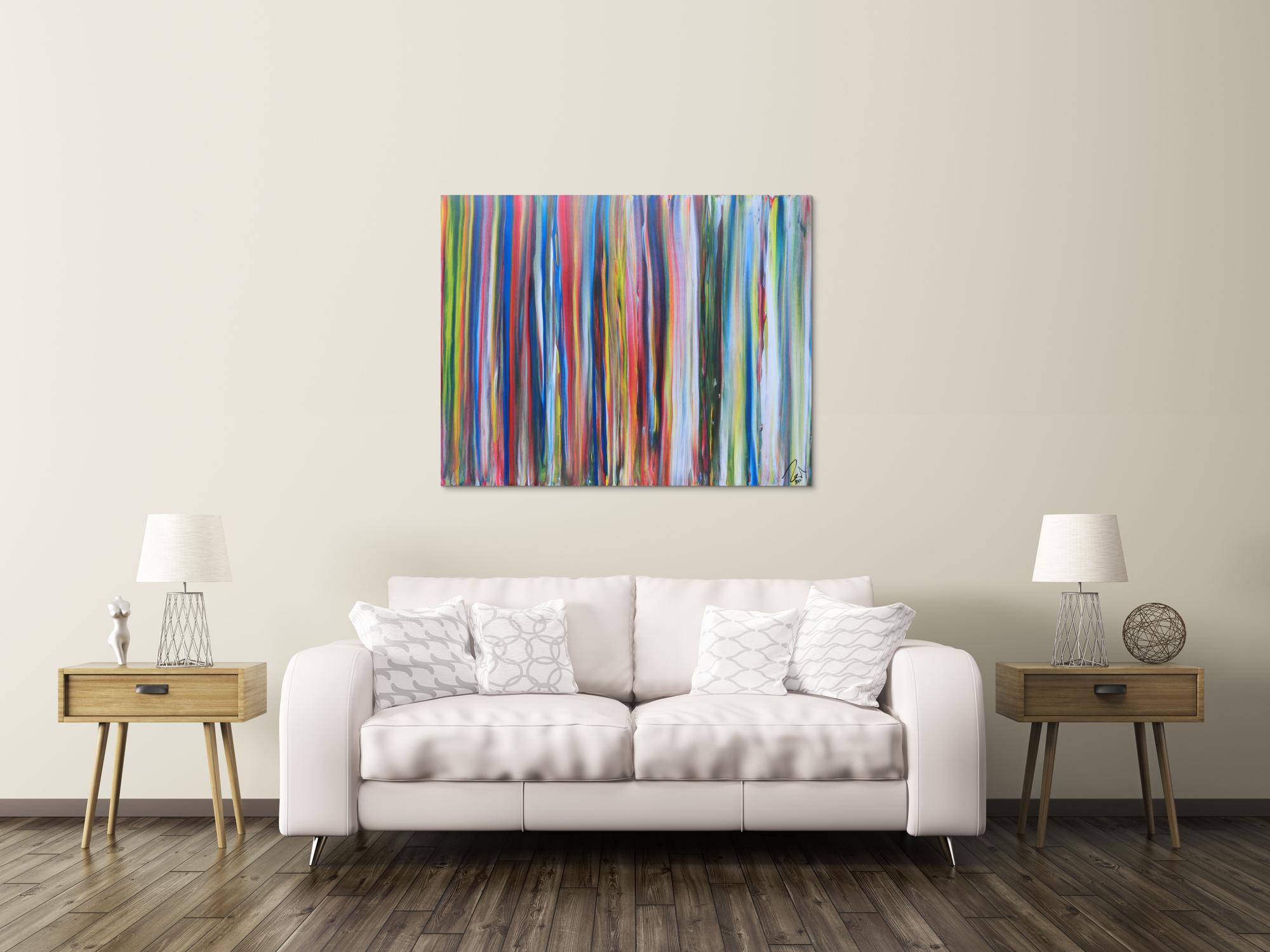Abstraktes Acrylbild sehr bunt viele Streifen sehr modere Farben zeitgenössisch groß