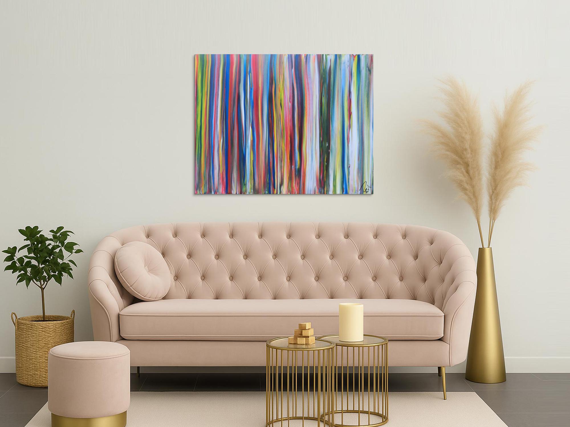 Abstraktes Acrylbild sehr bunt viele Streifen sehr modere Farben zeitgenössisch groß