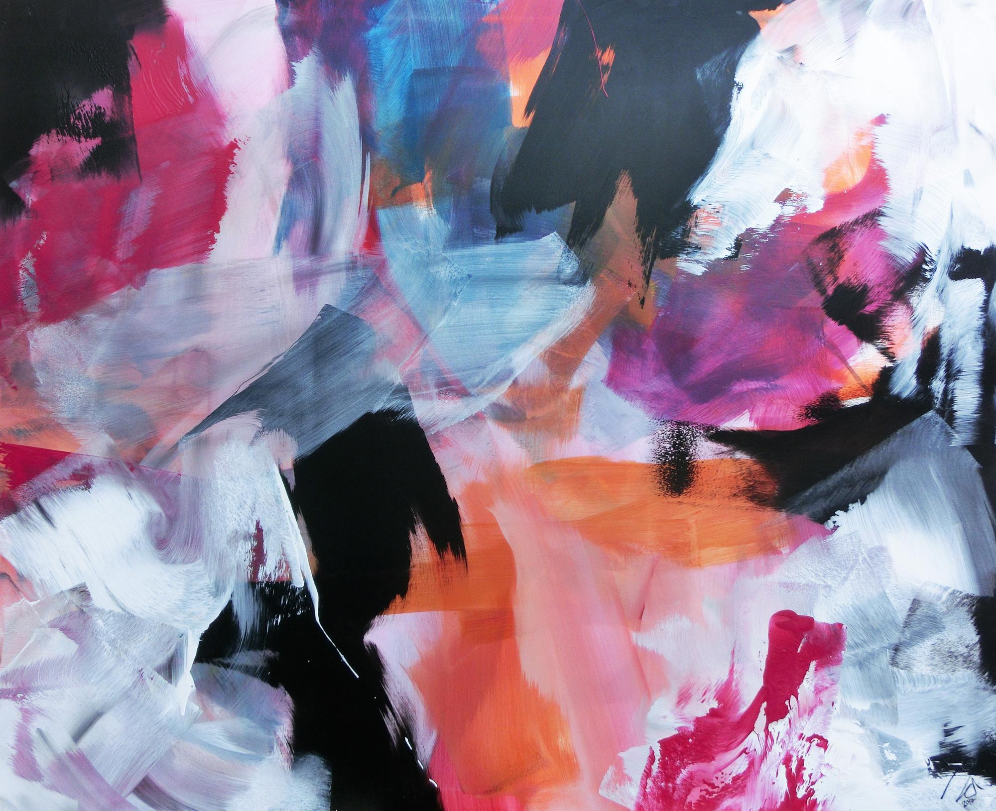 Abstraktes Acrylbild Mischtechnik bunt modern weiß schwarz pink orange
