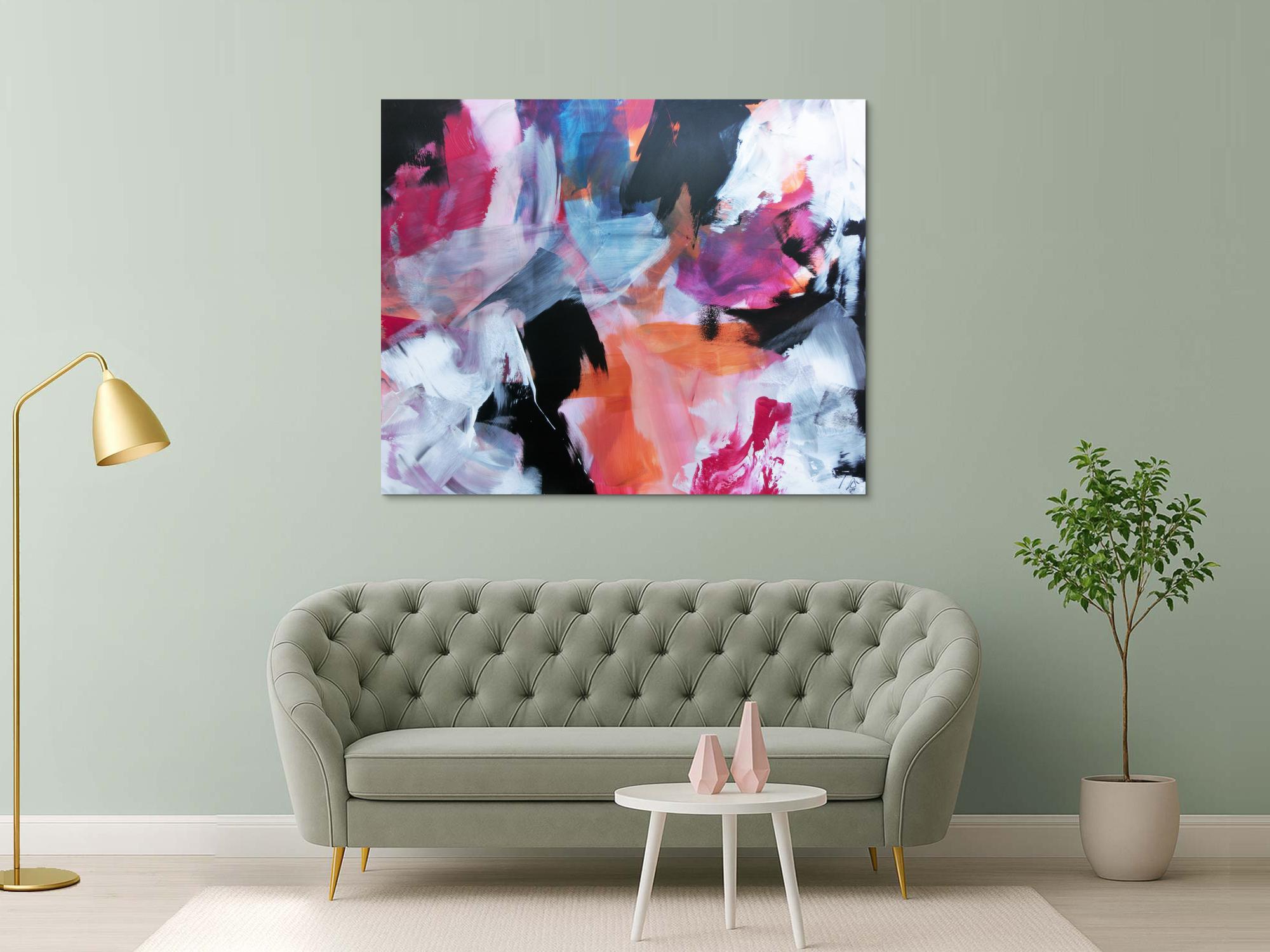 Abstraktes Acrylbild Mischtechnik bunt modern weiß schwarz pink orange