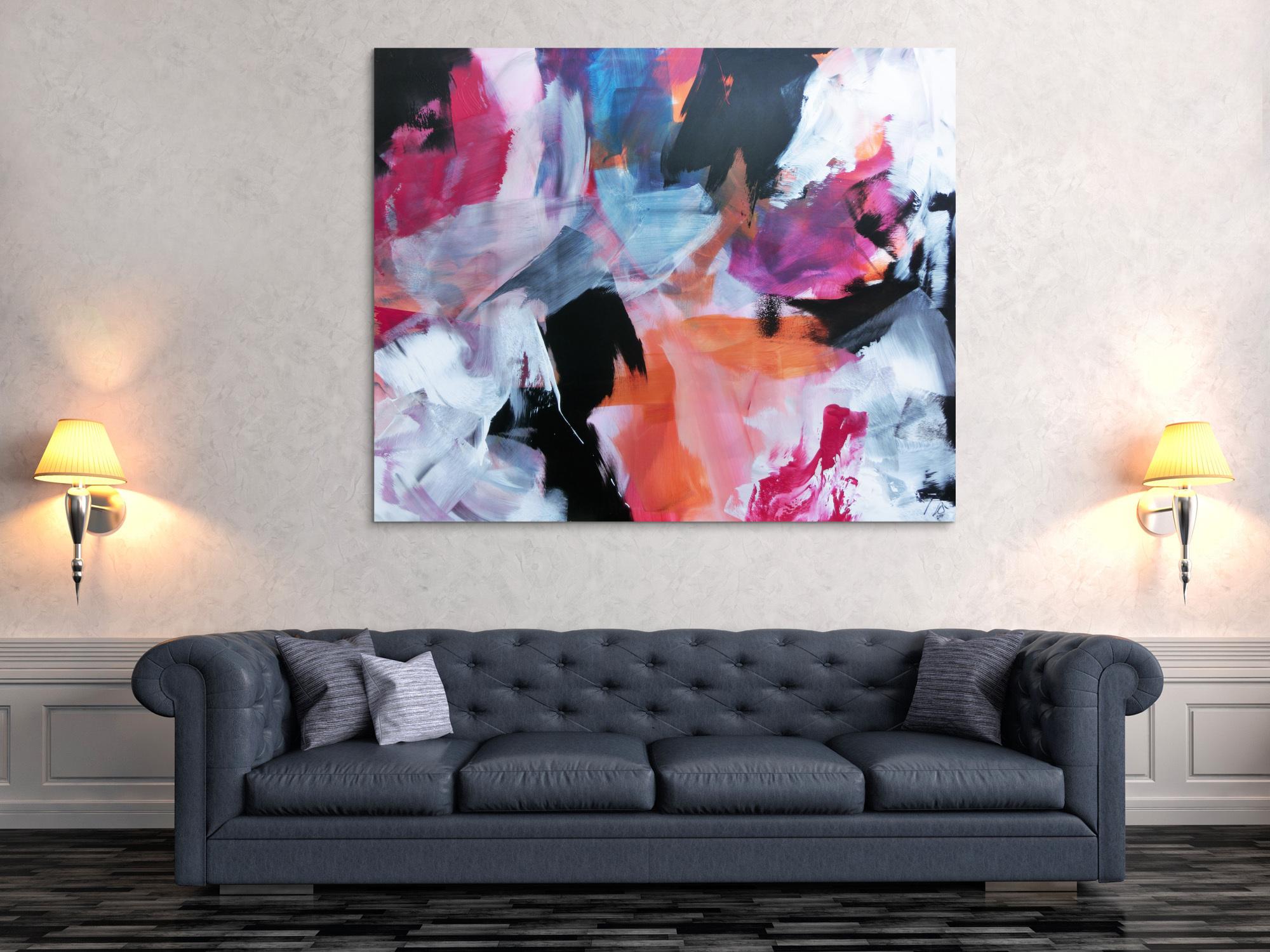 Abstraktes Acrylbild Mischtechnik bunt modern weiß schwarz pink orange