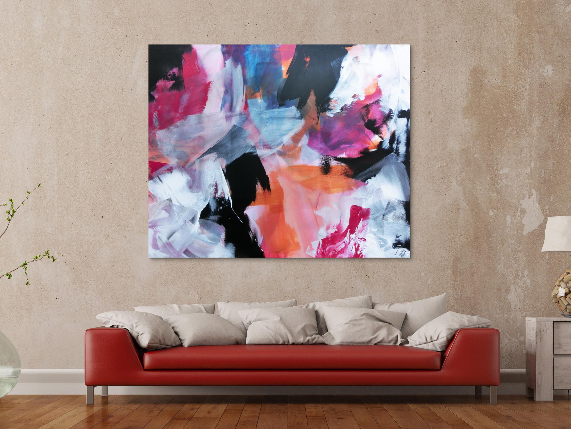 Abstraktes Acrylbild Mischtechnik bunt modern weiß schwarz pink orange