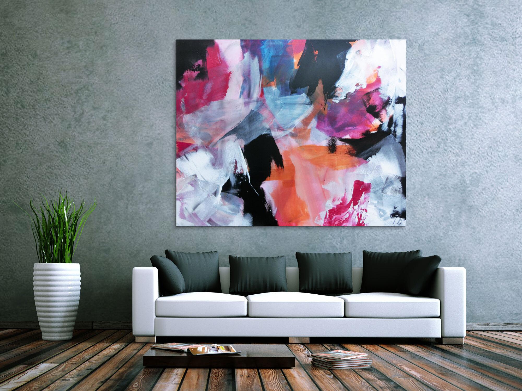 Abstraktes Acrylbild Mischtechnik bunt modern weiß schwarz pink orange