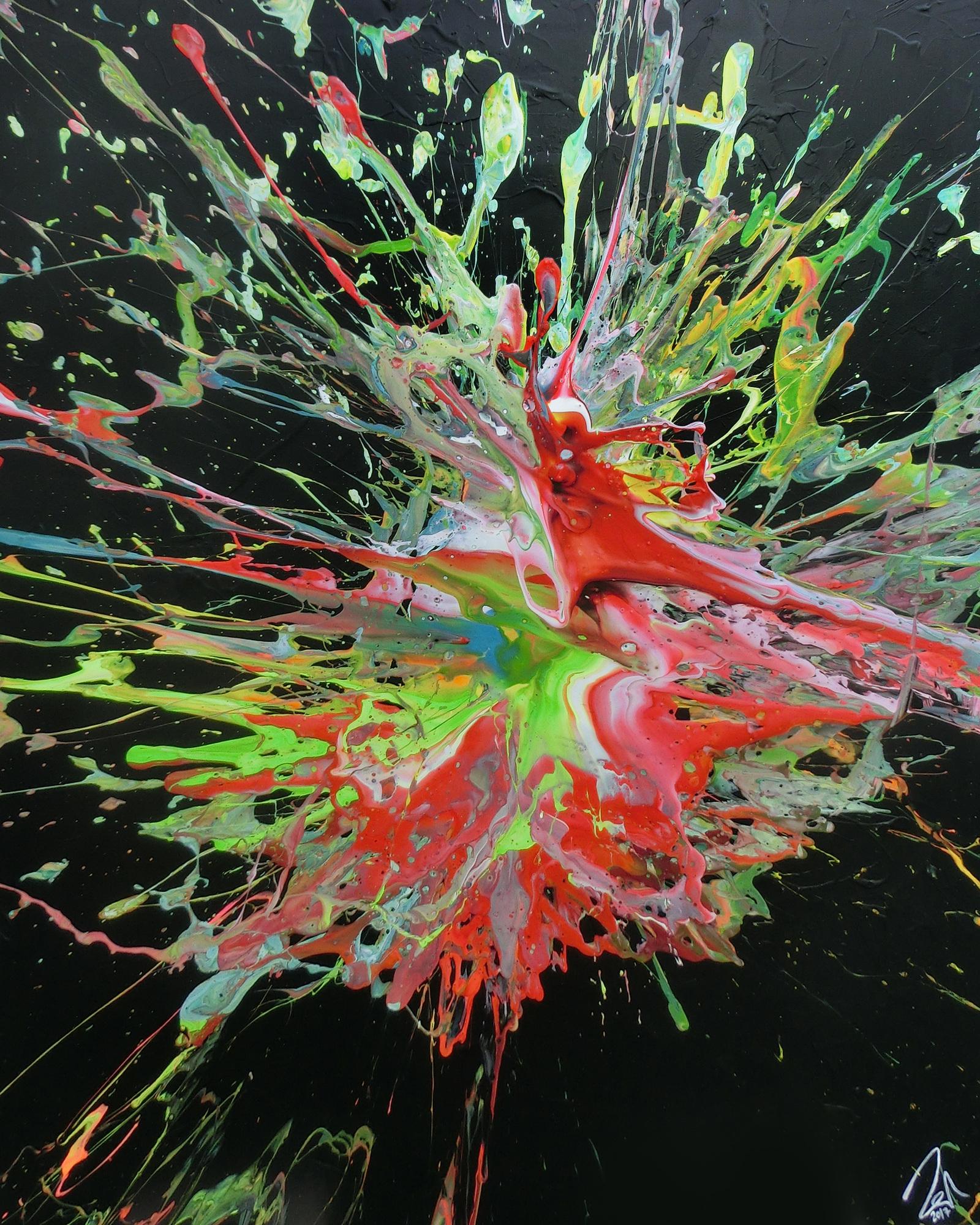 Abstraktes Acrylbild sehr modern Acrtion Painting Splash Art sehr bunt zeitgenössisch schwarzer Hintergrund