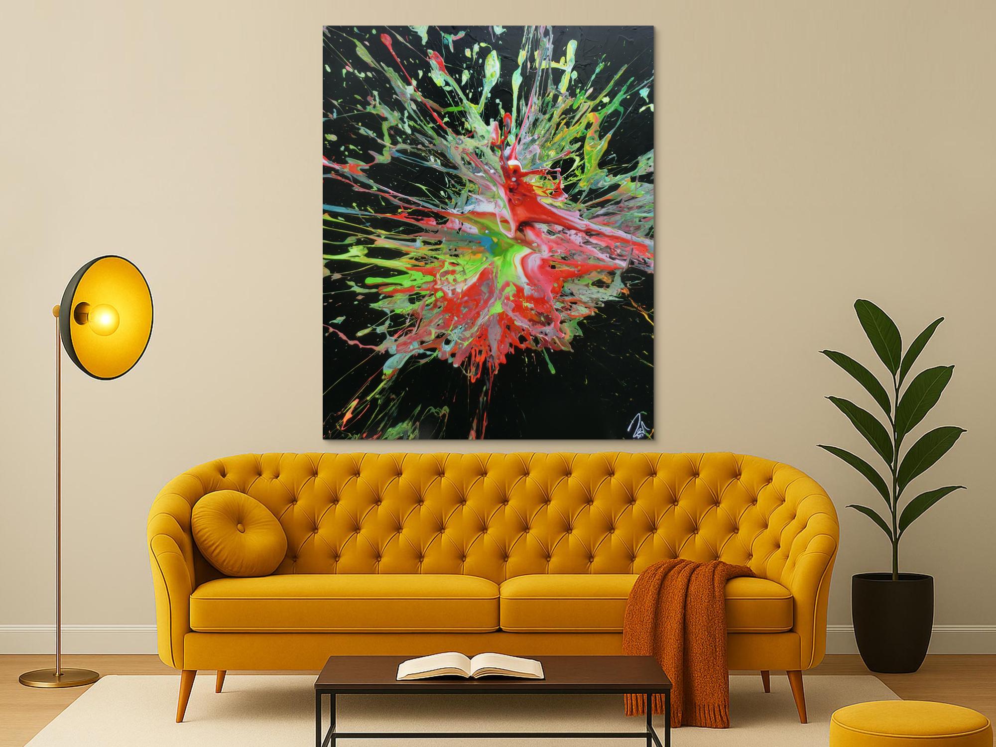 Abstraktes Acrylbild sehr modern Acrtion Painting Splash Art sehr bunt zeitgenössisch schwarzer Hintergrund