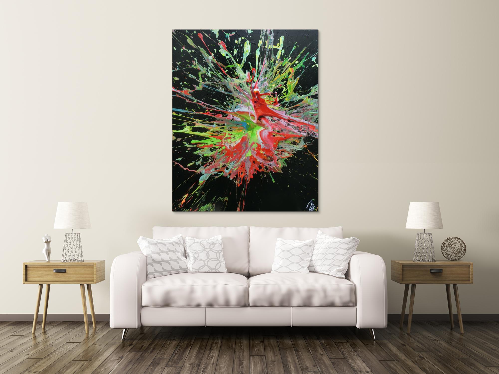 Abstraktes Acrylbild sehr modern Acrtion Painting Splash Art sehr bunt zeitgenössisch schwarzer Hintergrund