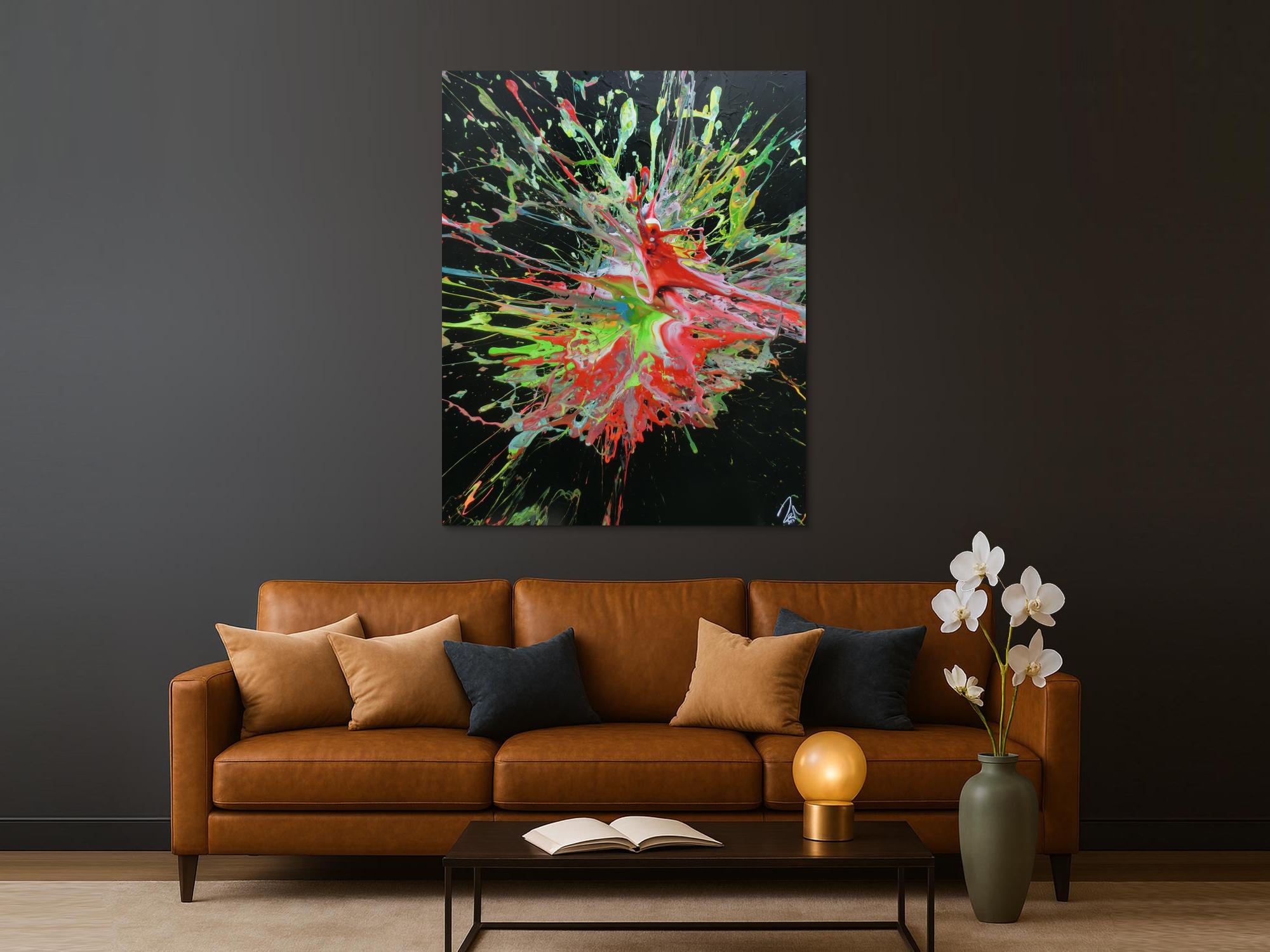 Abstraktes Acrylbild sehr modern Acrtion Painting Splash Art sehr bunt zeitgenössisch schwarzer Hintergrund