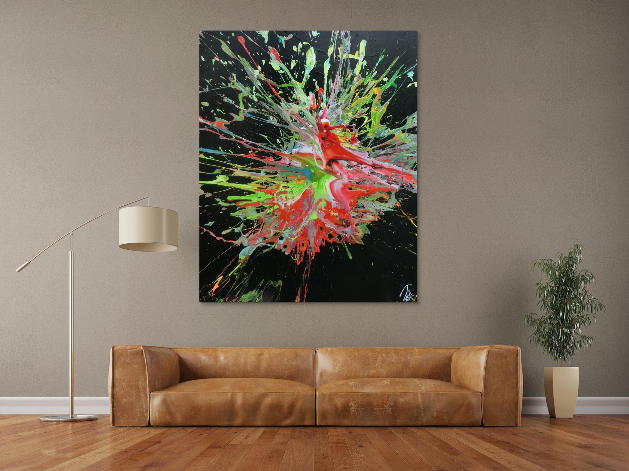 Abstraktes Acrylbild sehr modern Acrtion Painting Splash Art sehr bunt zeitgenössisch schwarzer Hintergrund