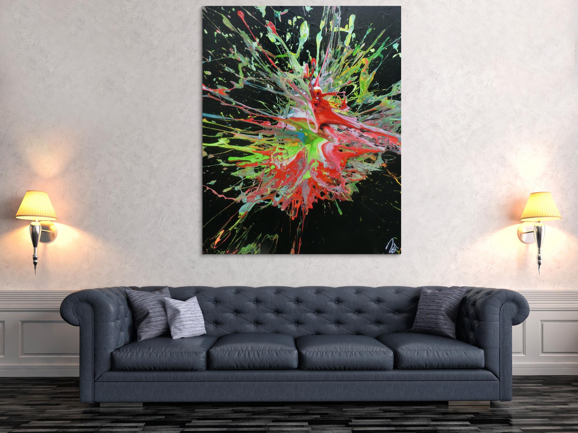 Abstraktes Acrylbild sehr modern Acrtion Painting Splash Art sehr bunt zeitgenössisch schwarzer Hintergrund