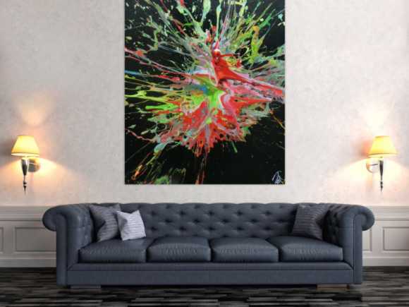 Abstraktes Acrylbild sehr modern Acrtion Painting Splash Art sehr bunt zeitgenössisch schwarzer Hintergrund