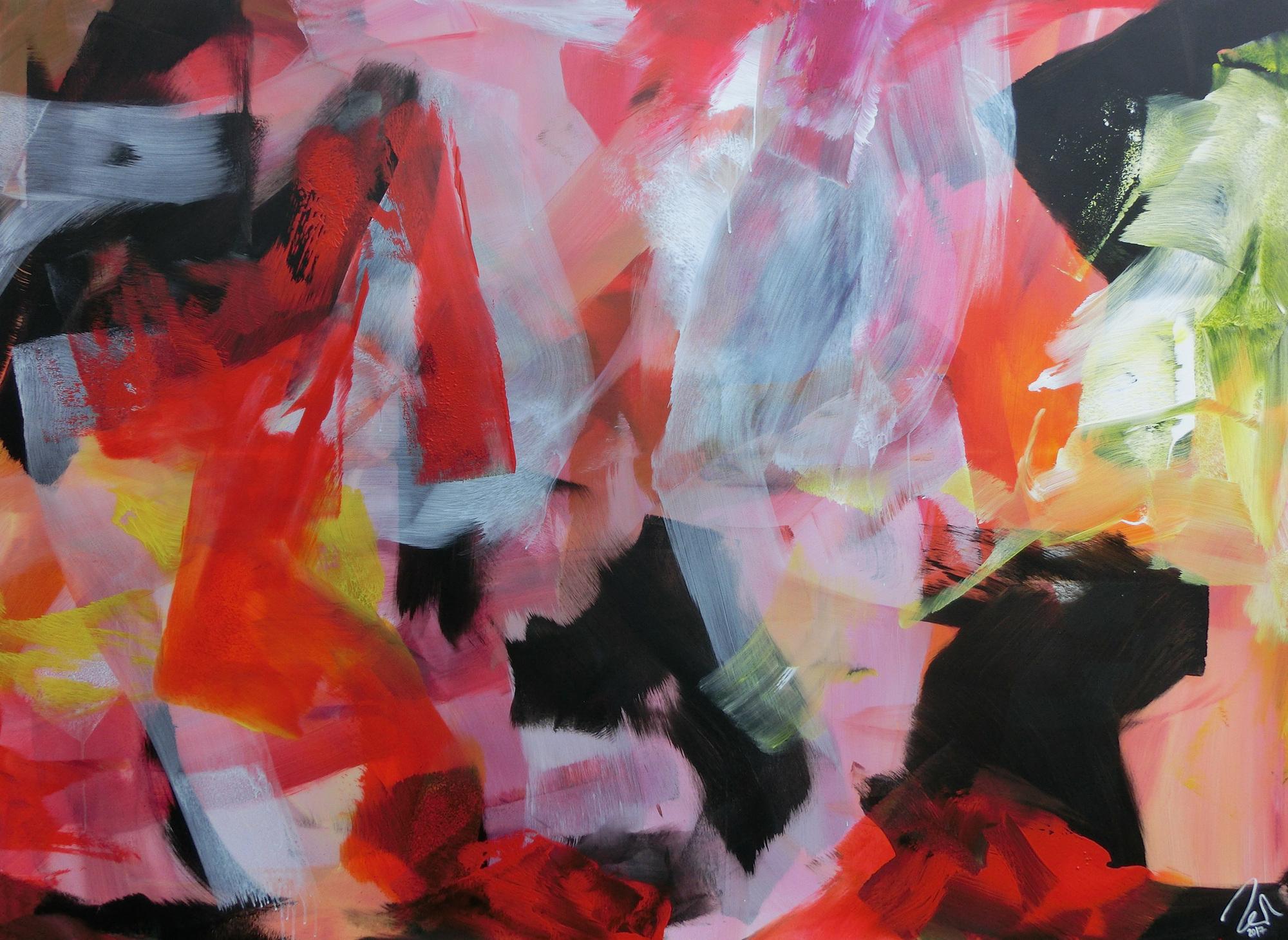 Abstraktes Acrylbild sehr modern Mischtechnik Bunte Farben weißt schwarz rosa rot gelb