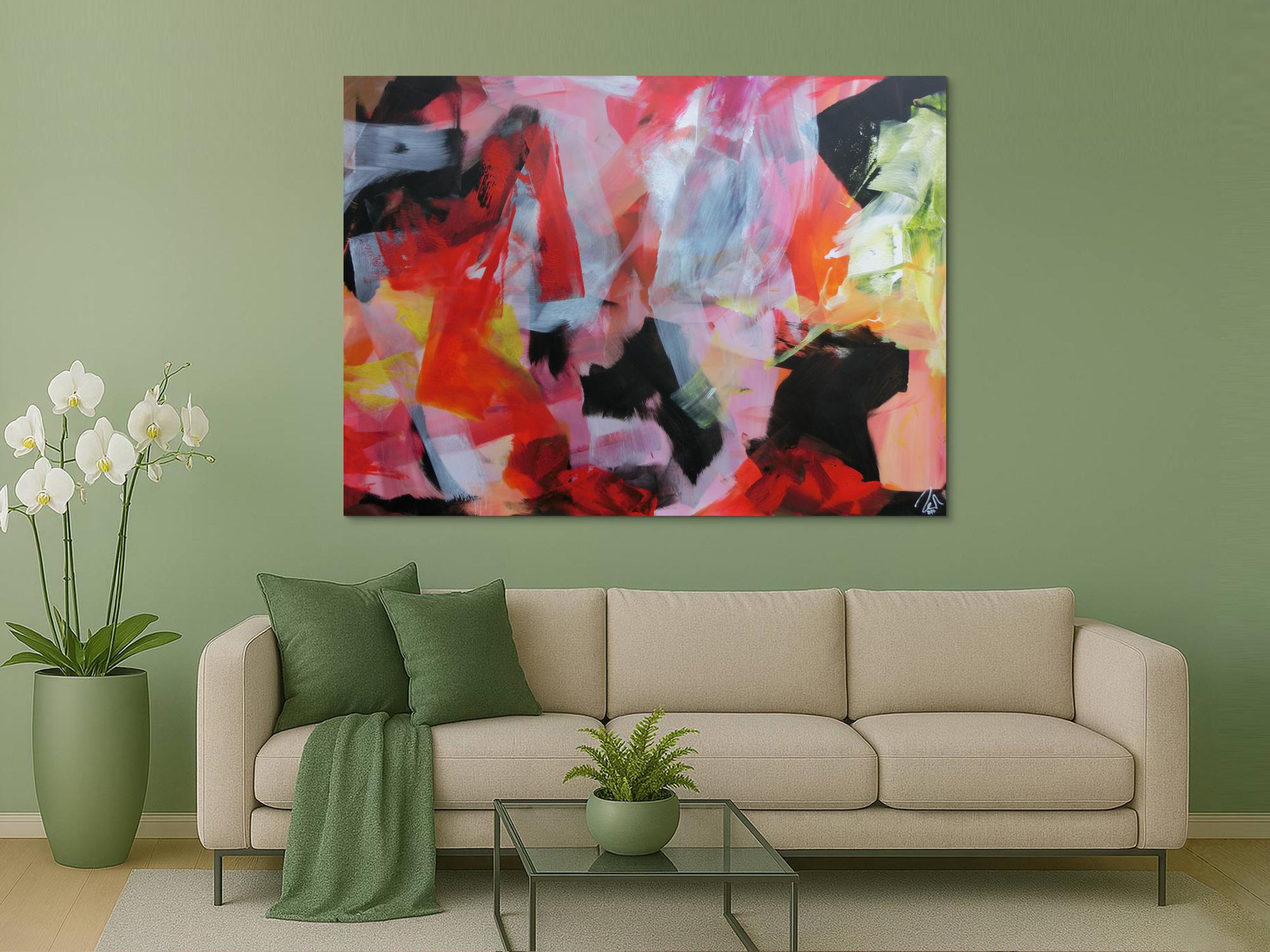 Abstraktes Acrylbild sehr modern Mischtechnik Bunte Farben weißt schwarz rosa rot gelb