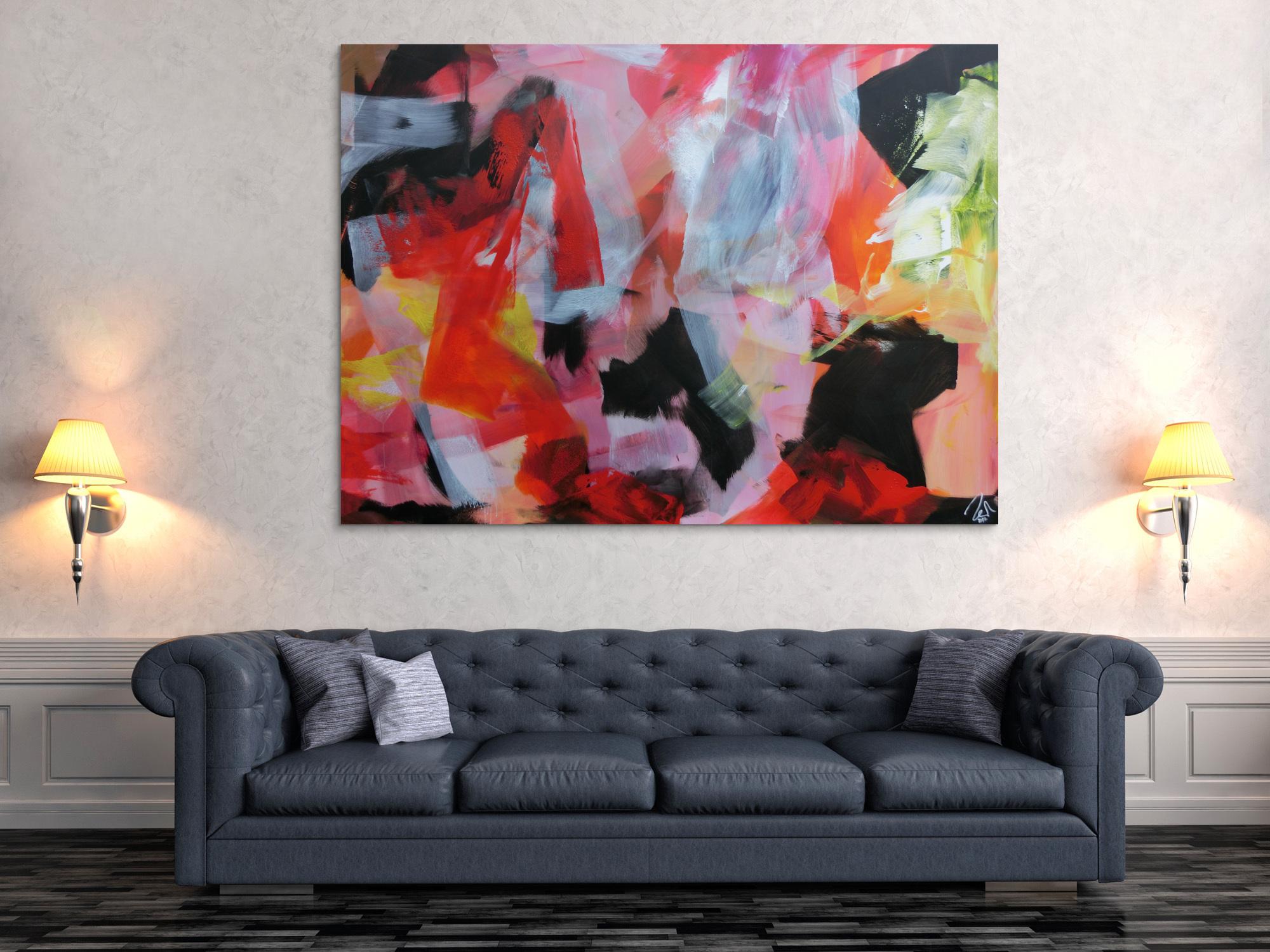 Abstraktes Acrylbild sehr modern Mischtechnik Bunte Farben weißt schwarz rosa rot gelb