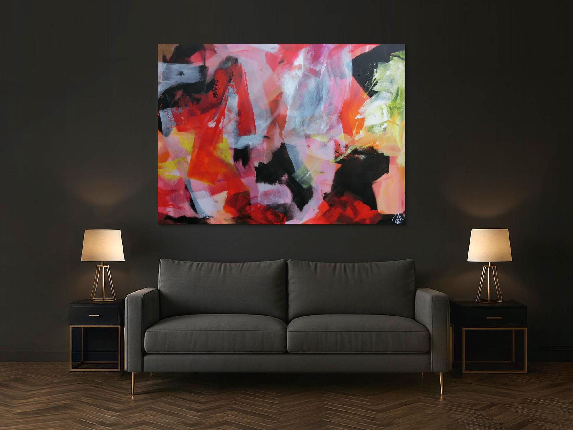 Abstraktes Acrylbild sehr modern Mischtechnik Bunte Farben weißt schwarz rosa rot gelb