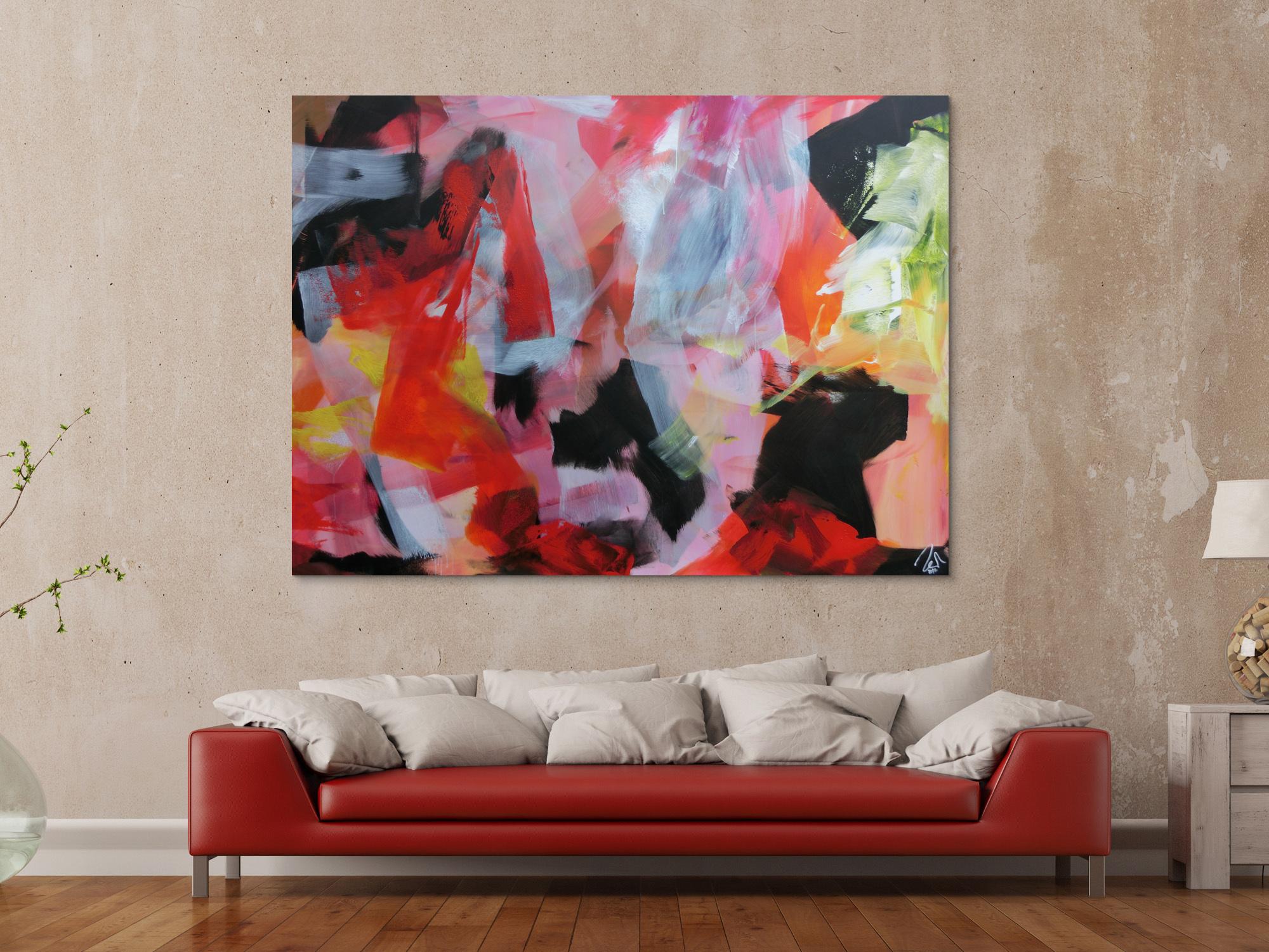 Abstraktes Acrylbild sehr modern Mischtechnik Bunte Farben weißt schwarz rosa rot gelb