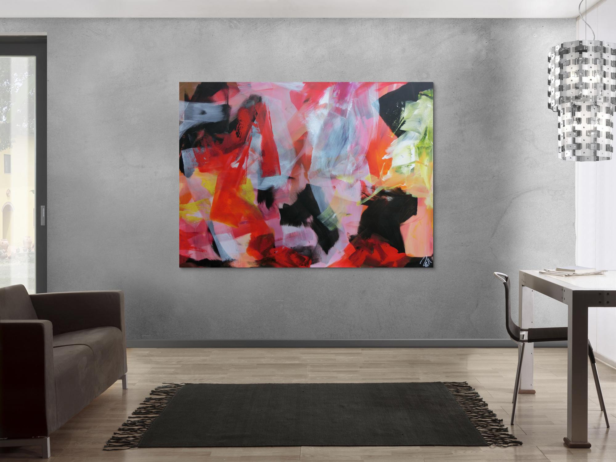 Abstraktes Acrylbild sehr modern Mischtechnik Bunte Farben weißt schwarz rosa rot gelb