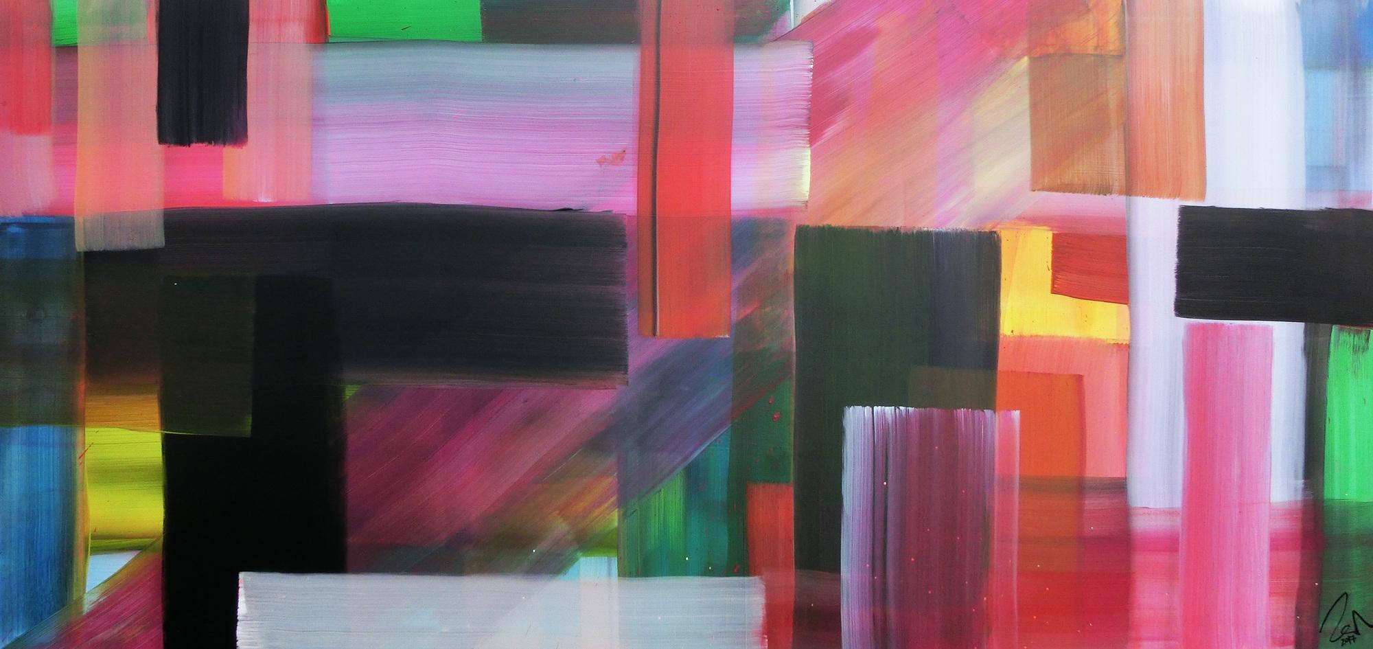 Abstraktes Acrylbild bunte Streifen sehr modern viele Farben hell und dunkel zeitgenössisch